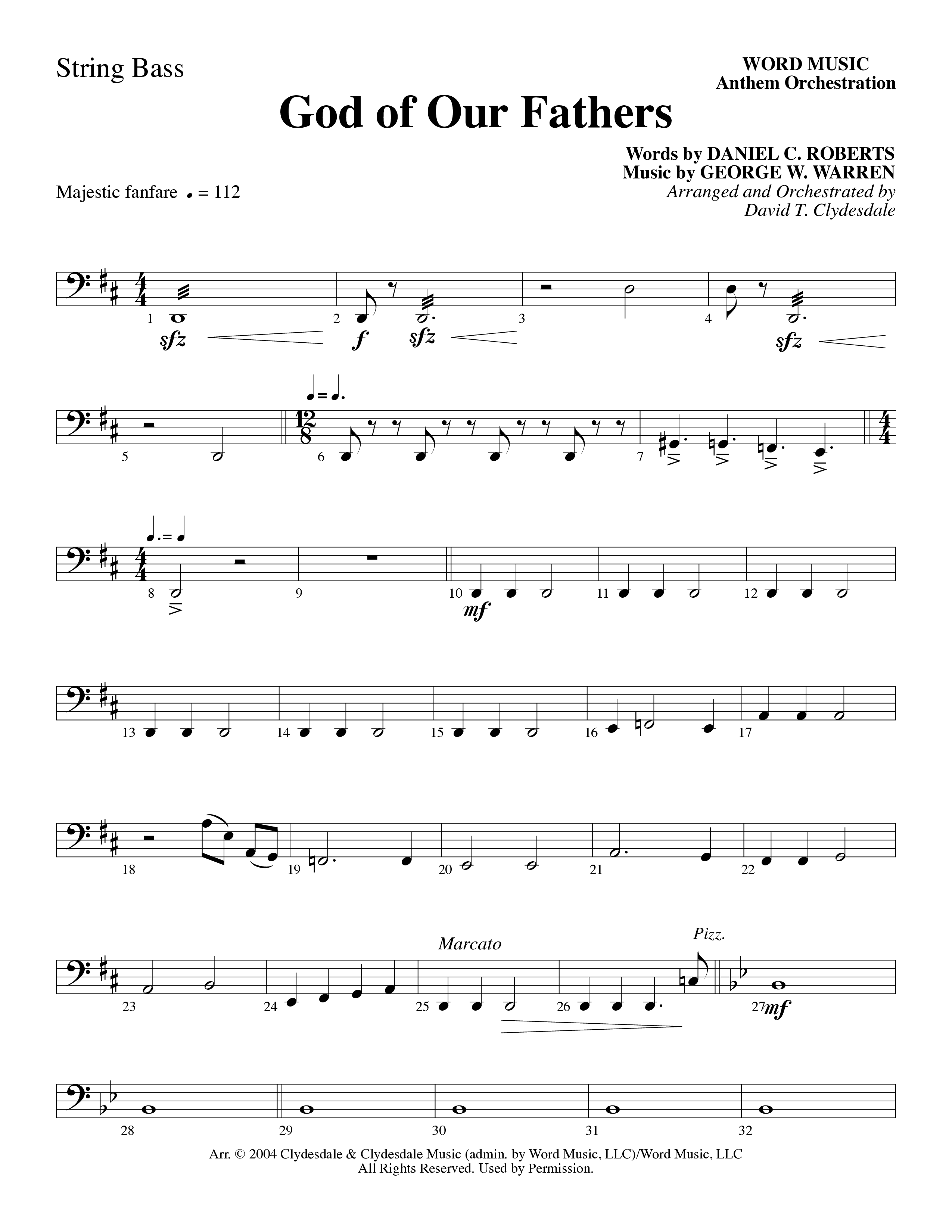 God Of Our Fathers (Choral Anthem SATB) String Bass (Word Music Choral / Arr. David Clydesdale)