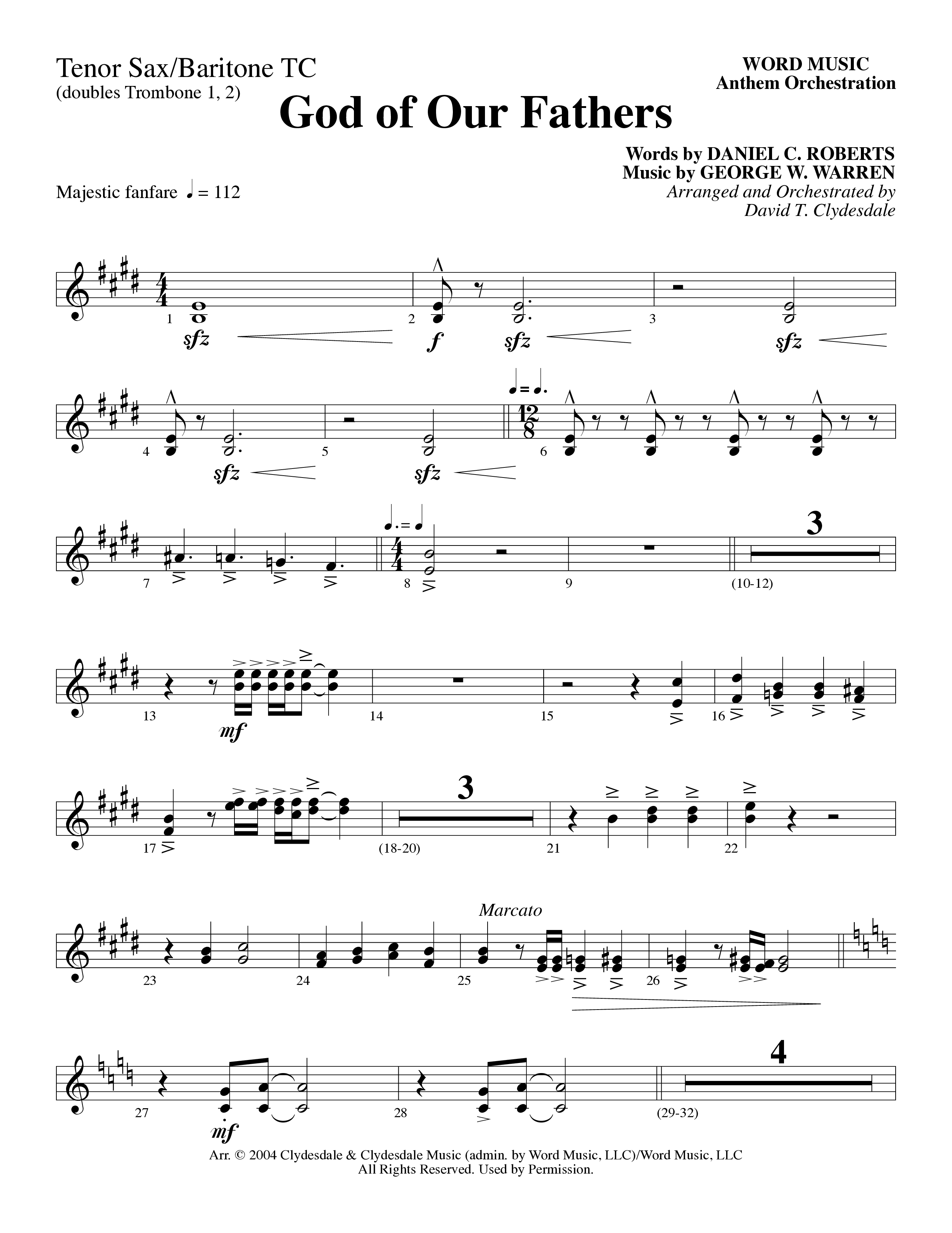 God Of Our Fathers (Choral Anthem SATB) Tenor Sax/Baritone T.C. (Word Music Choral / Arr. David Clydesdale)