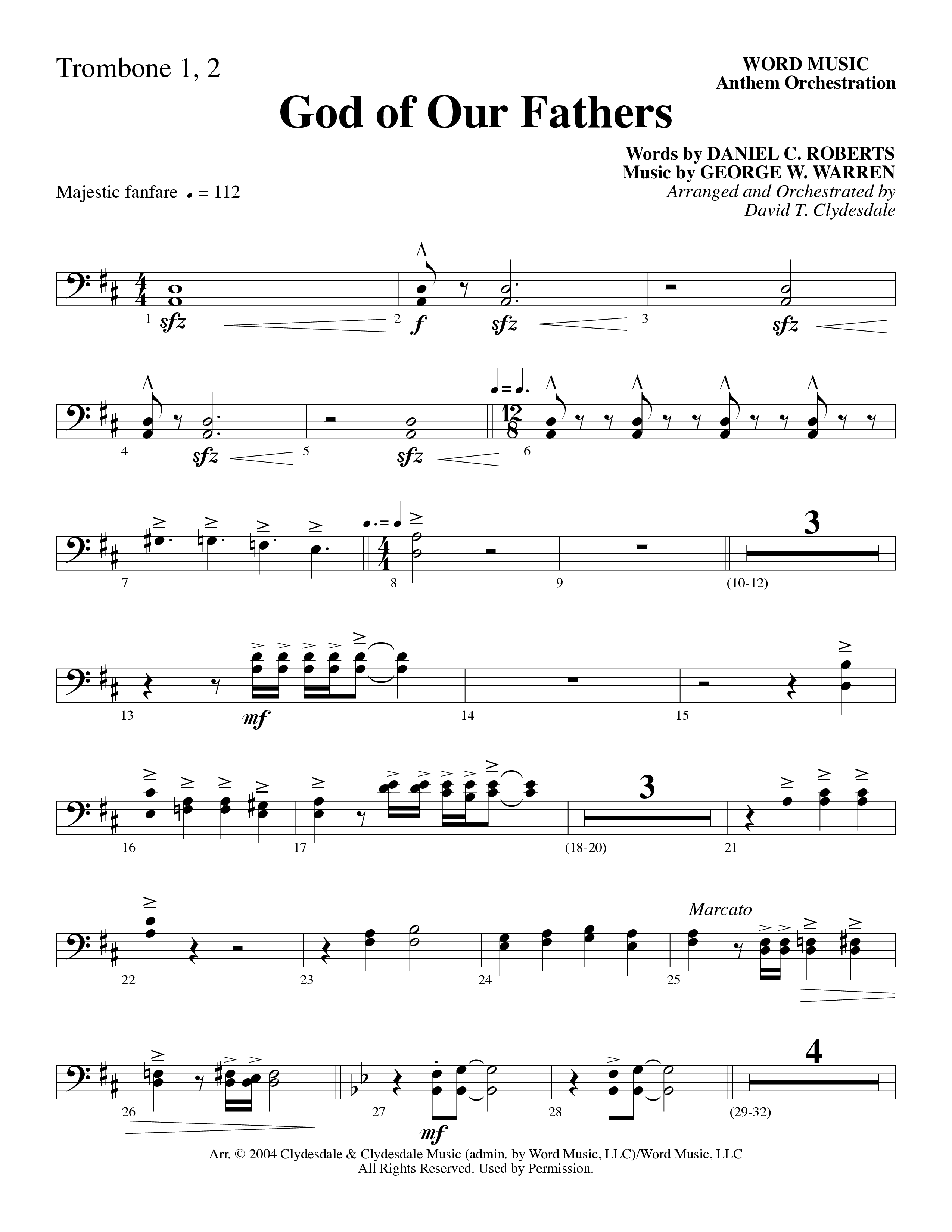 God Of Our Fathers (Choral Anthem SATB) Trombone 1/2 (Word Music Choral / Arr. David Clydesdale)