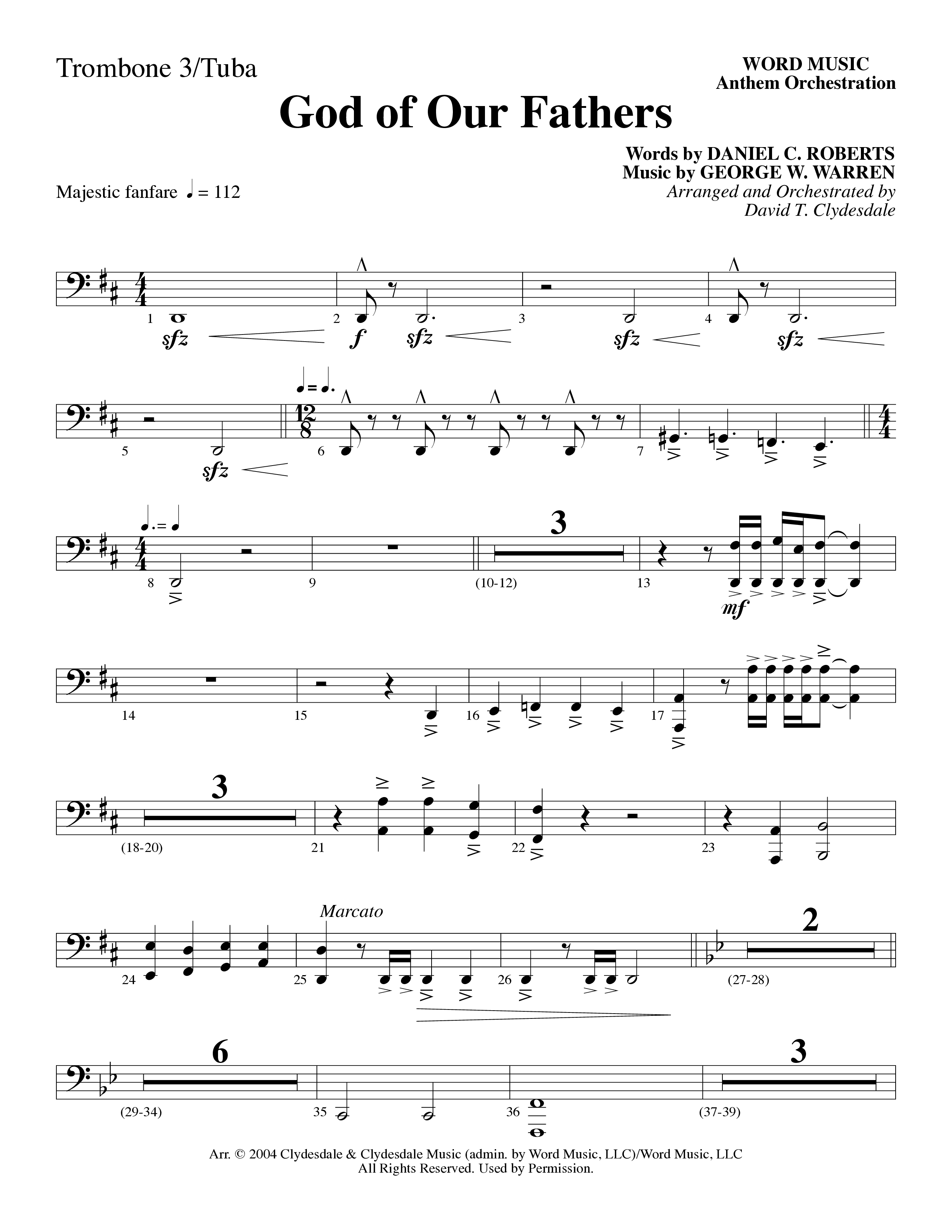 God Of Our Fathers (Choral Anthem SATB) Trombone 3/Tuba (Word Music Choral / Arr. David Clydesdale)
