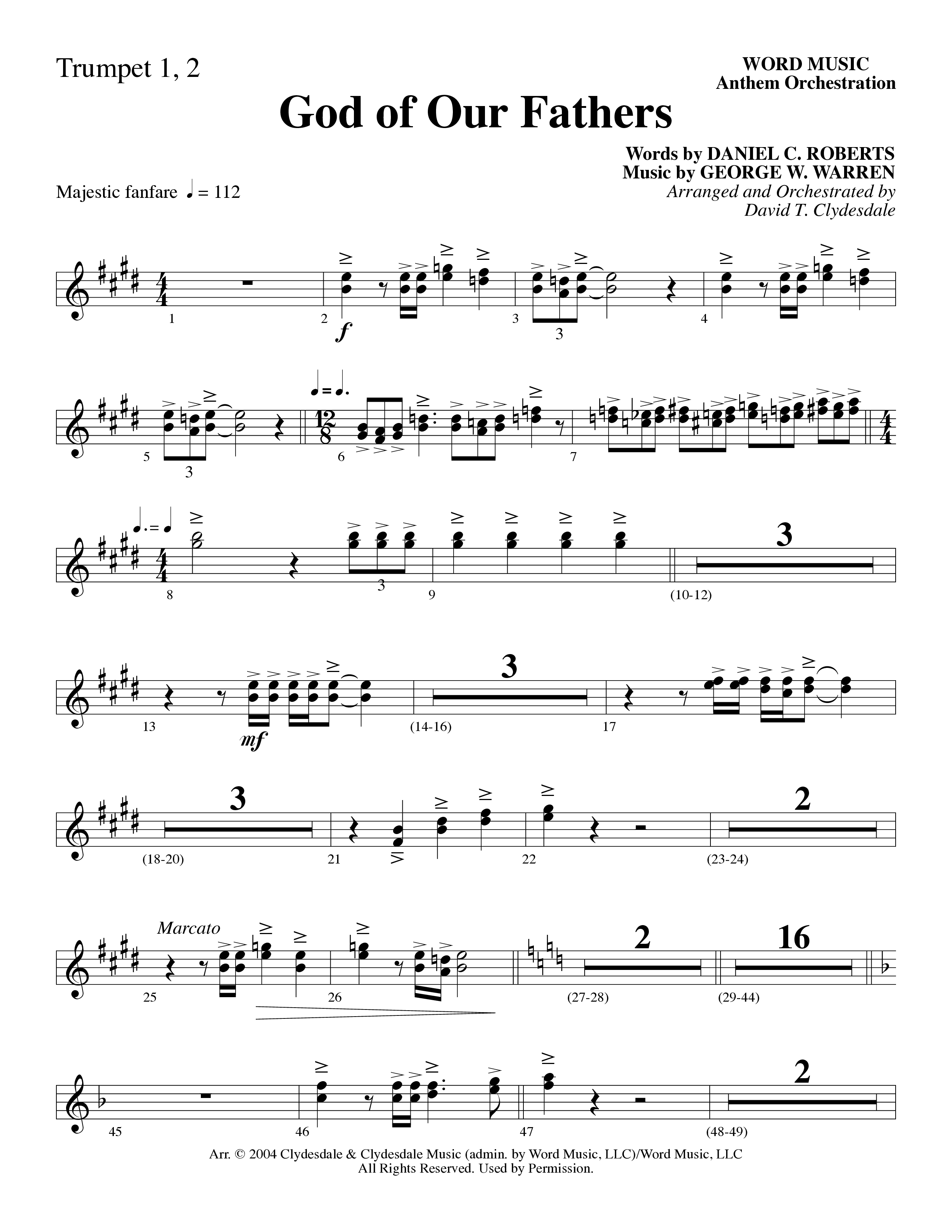 God Of Our Fathers (Choral Anthem SATB) Trumpet 1,2 (Word Music Choral / Arr. David Clydesdale)