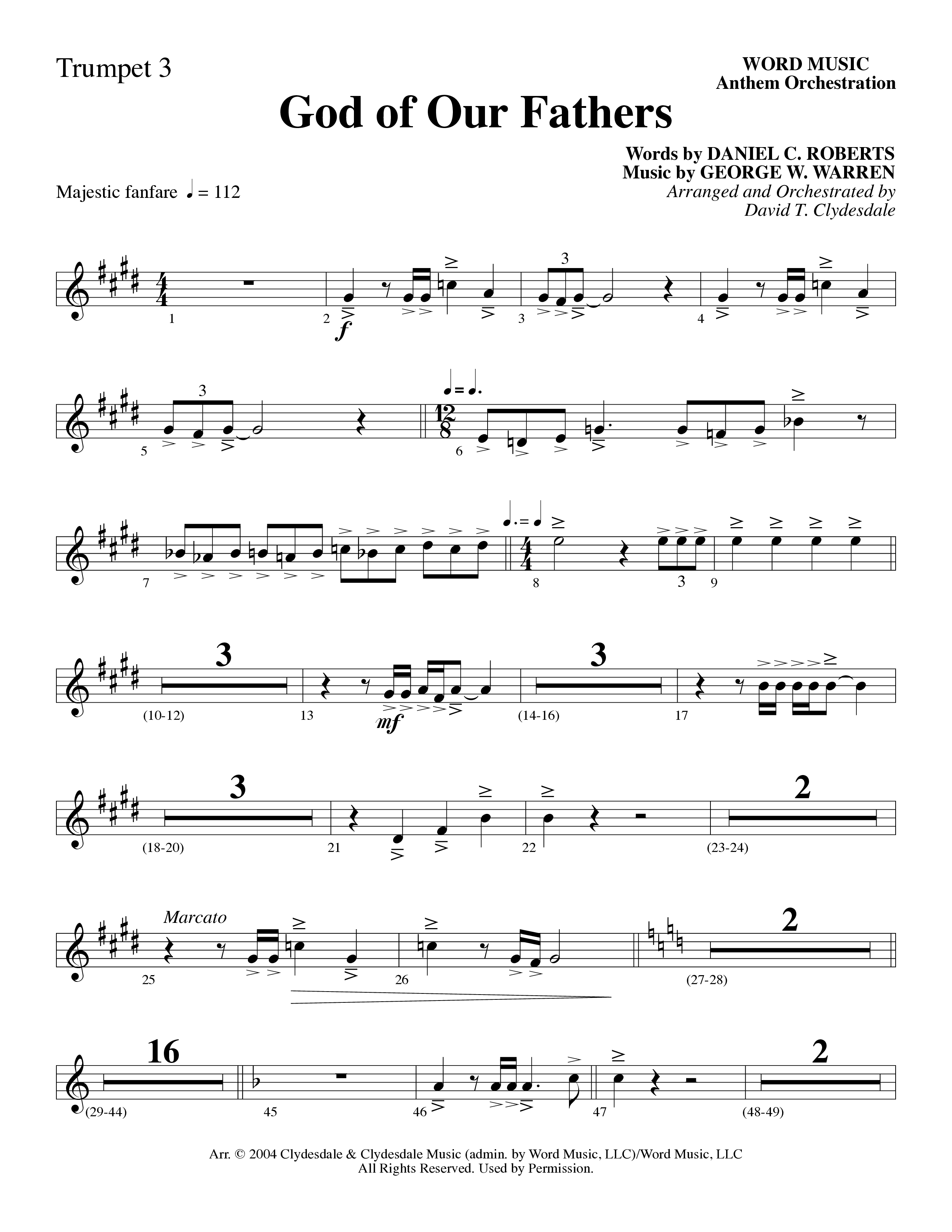 God Of Our Fathers (Choral Anthem SATB) Trumpet 3 (Word Music Choral / Arr. David Clydesdale)