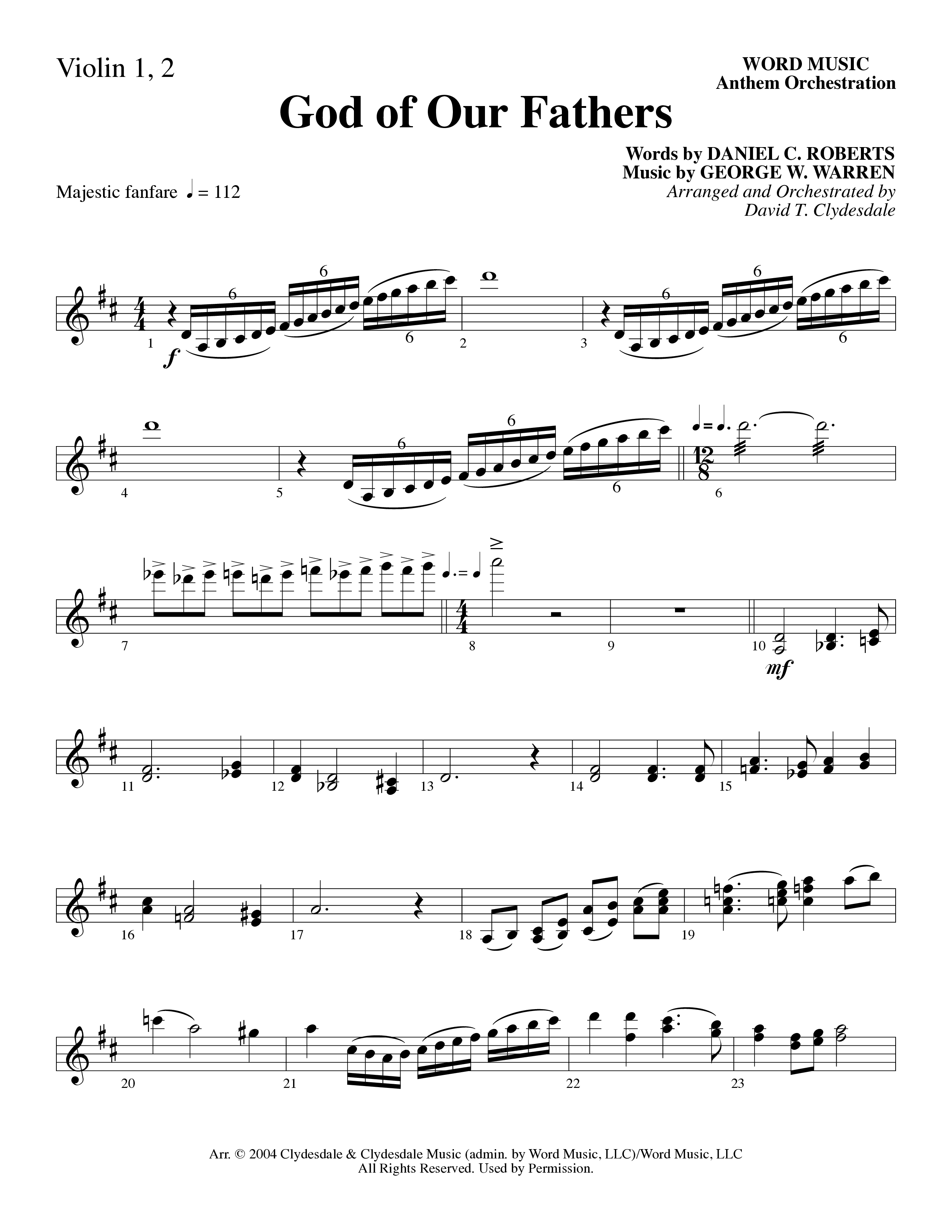 God Of Our Fathers (Choral Anthem SATB) Violin 1/2 (Word Music Choral / Arr. David Clydesdale)