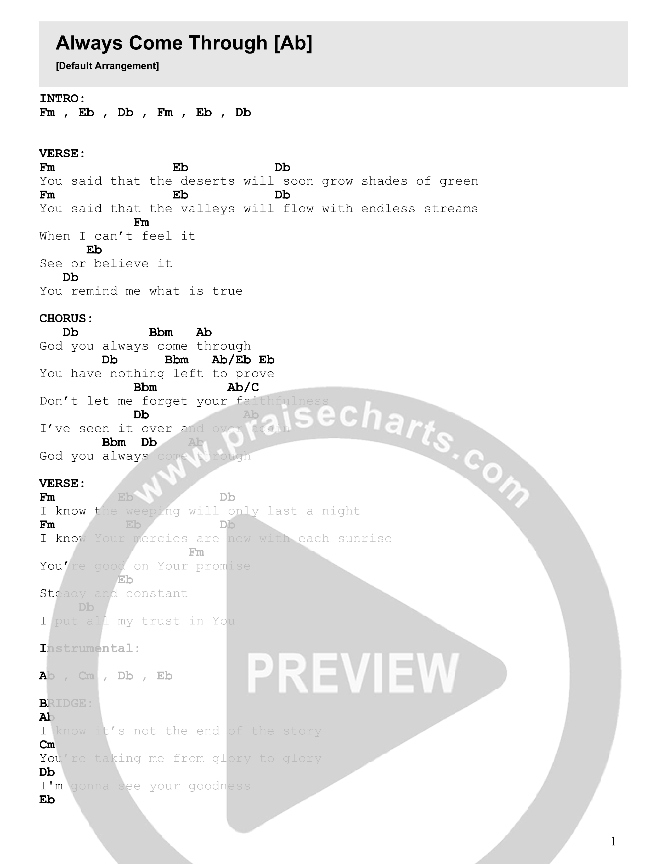 Always Come Through Chord Chart (Bridge Worship)