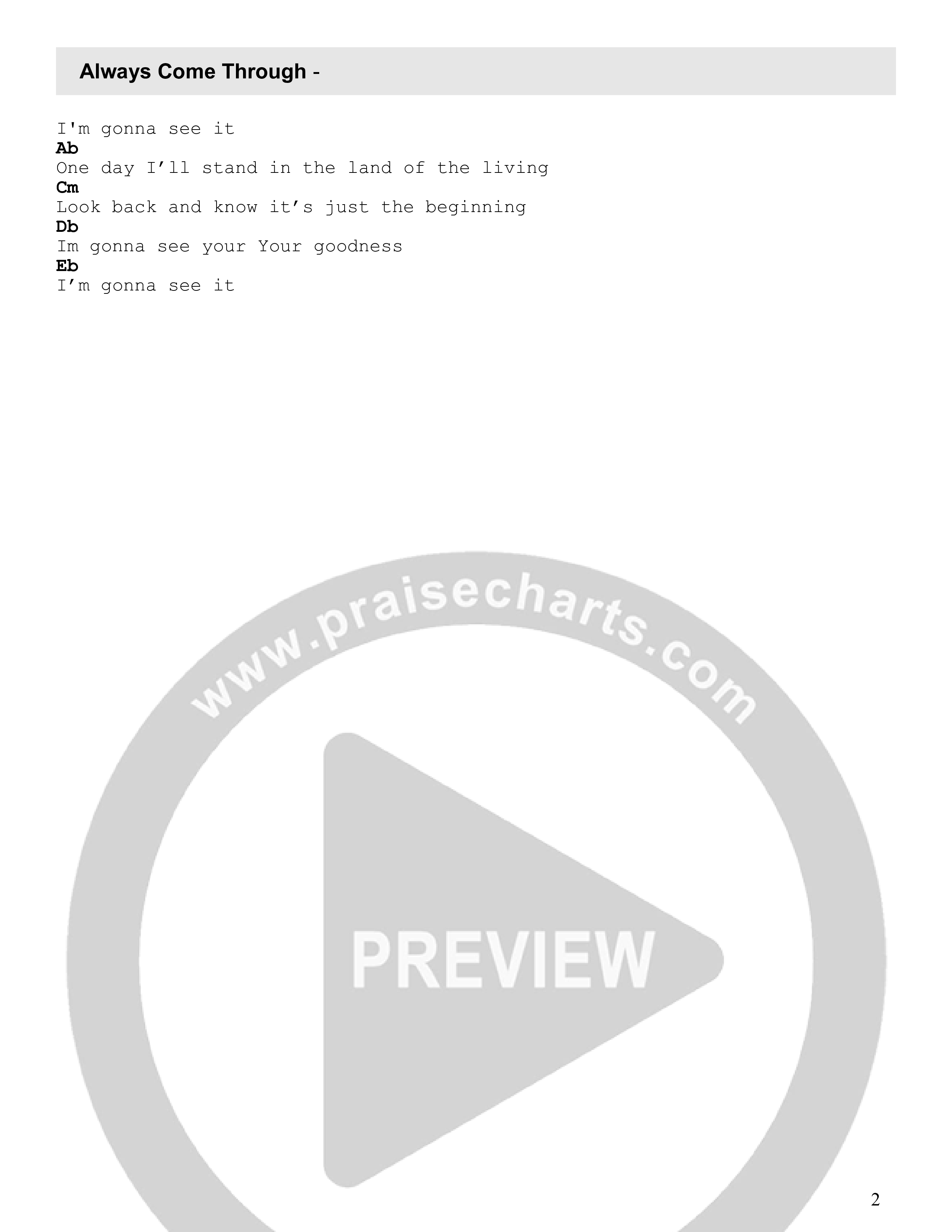 Always Come Through Chord Chart (Bridge Worship)