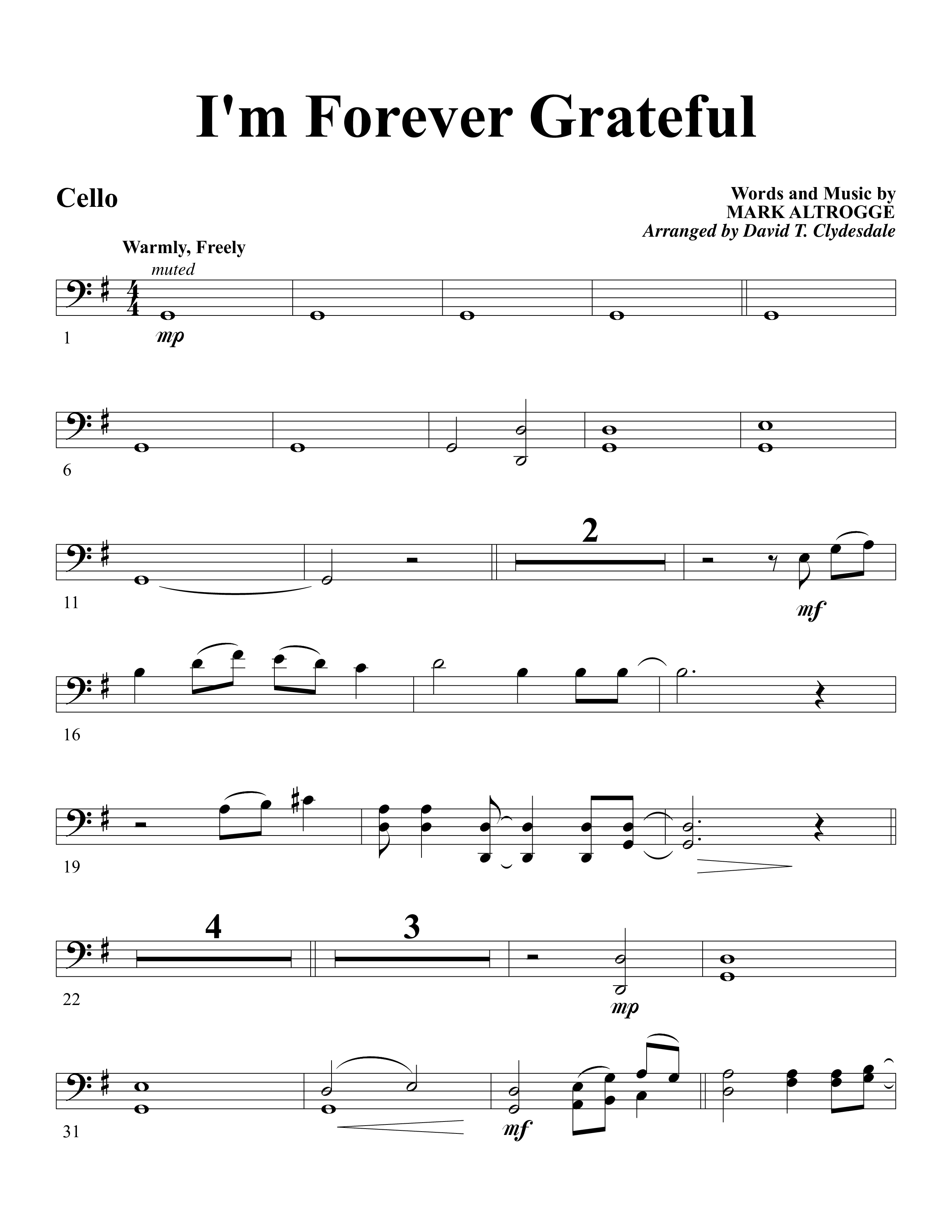 I'm Forever Grateful Cello (Word Music Choral / Arr. David Clydesdale)