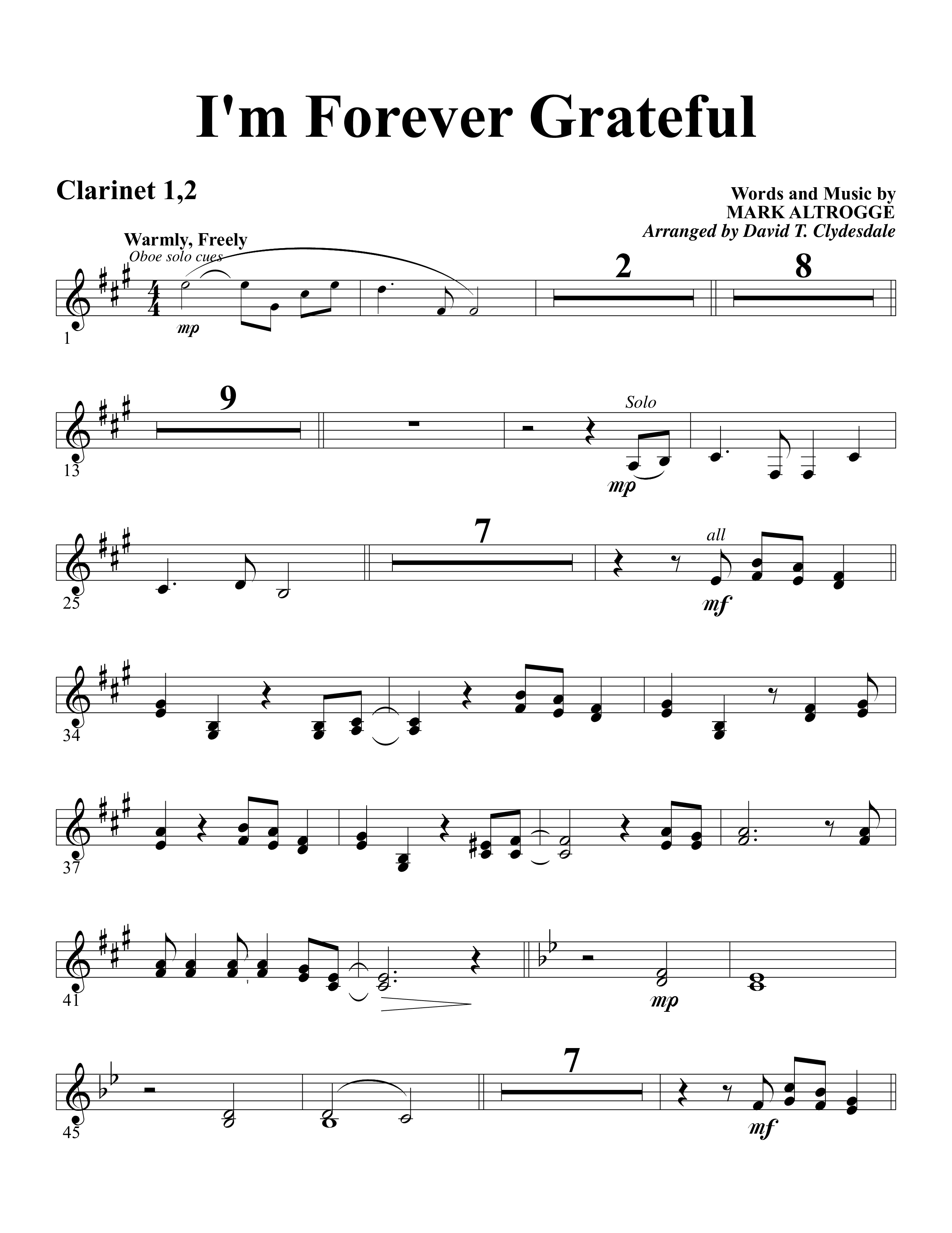 I'm Forever Grateful Clarinet 1/2 (Word Music Choral / Arr. David Clydesdale)