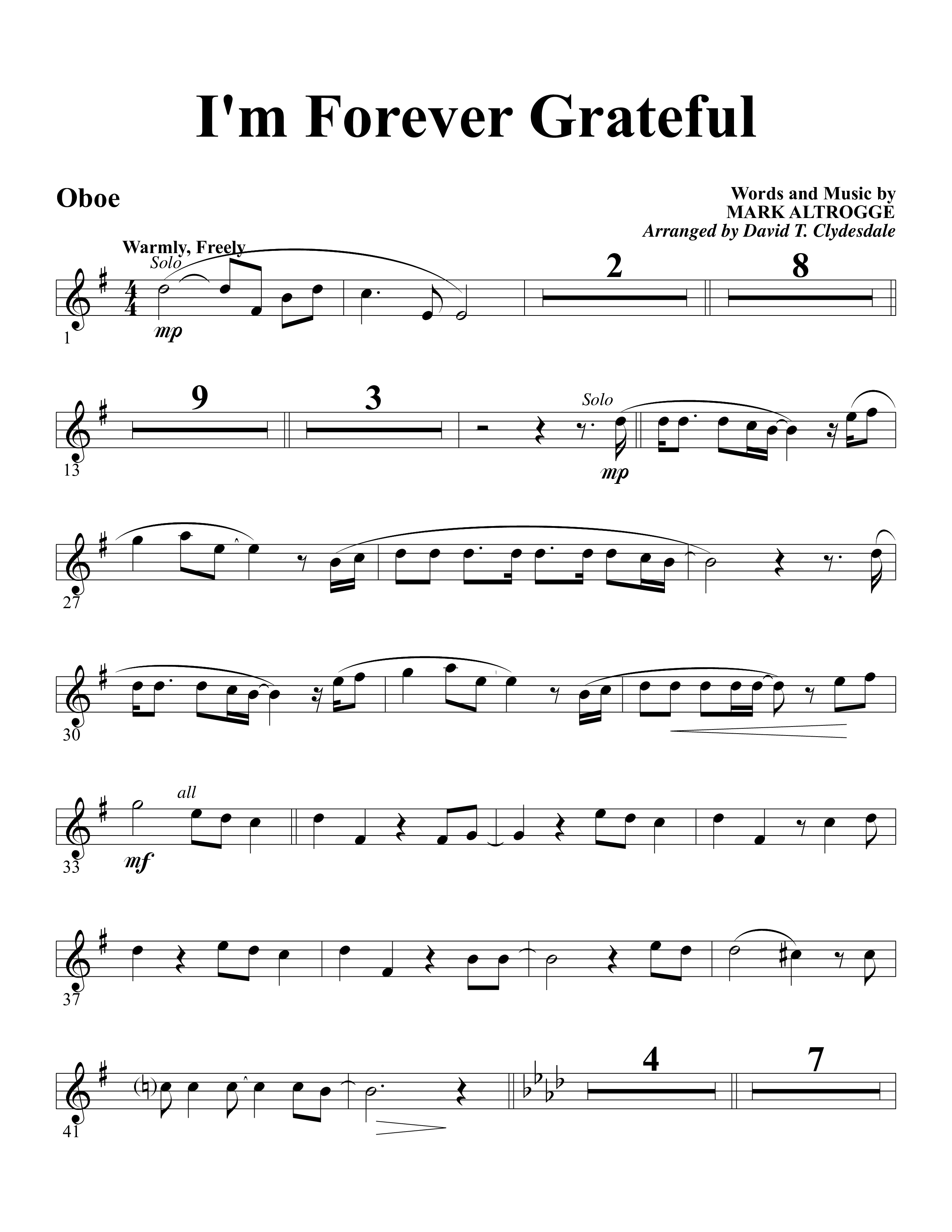 I'm Forever Grateful Oboe (Word Music Choral / Arr. David Clydesdale)