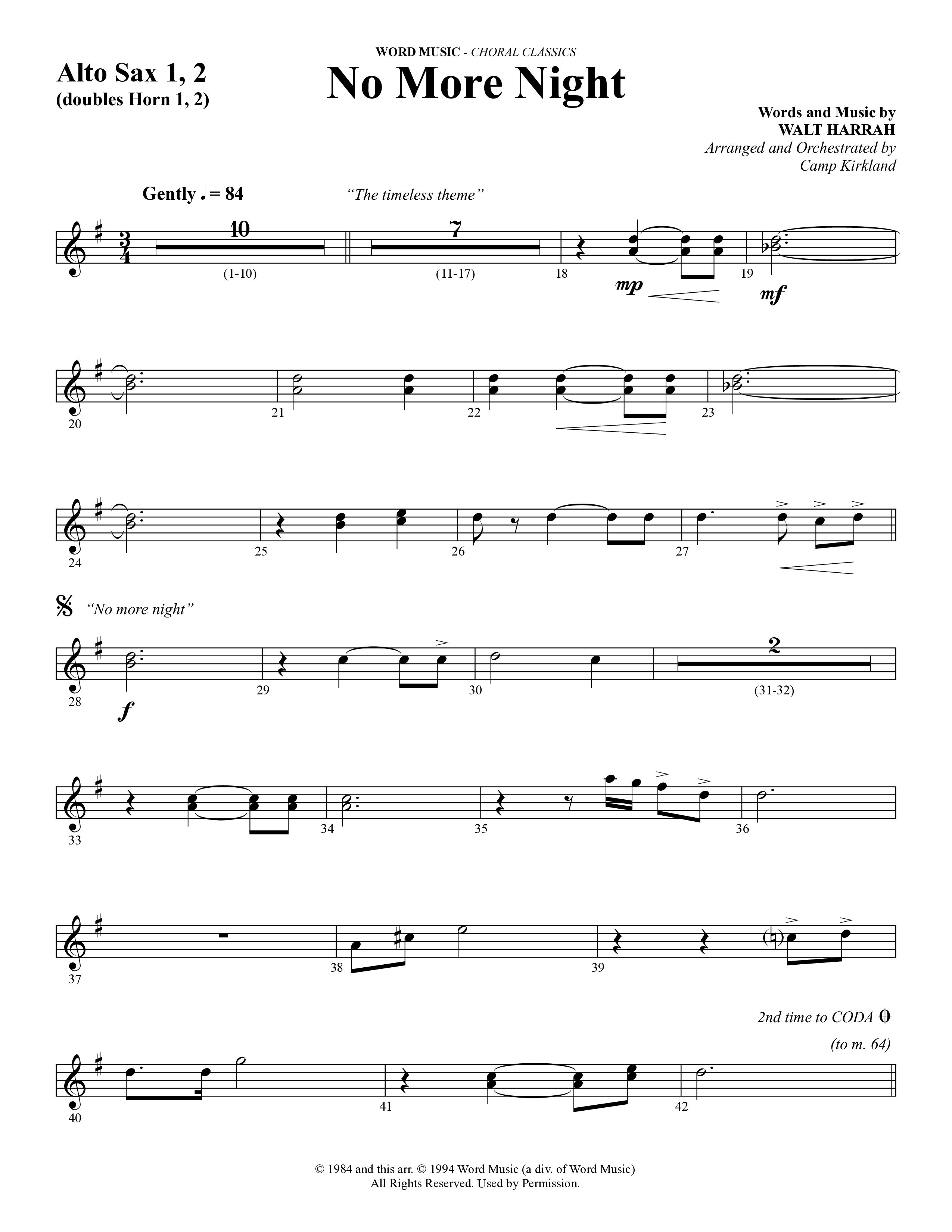 No More Night (Choral Anthem SATB) Alto Sax 1/2 (Word Music Choral / Arr. Camp Kirkland)