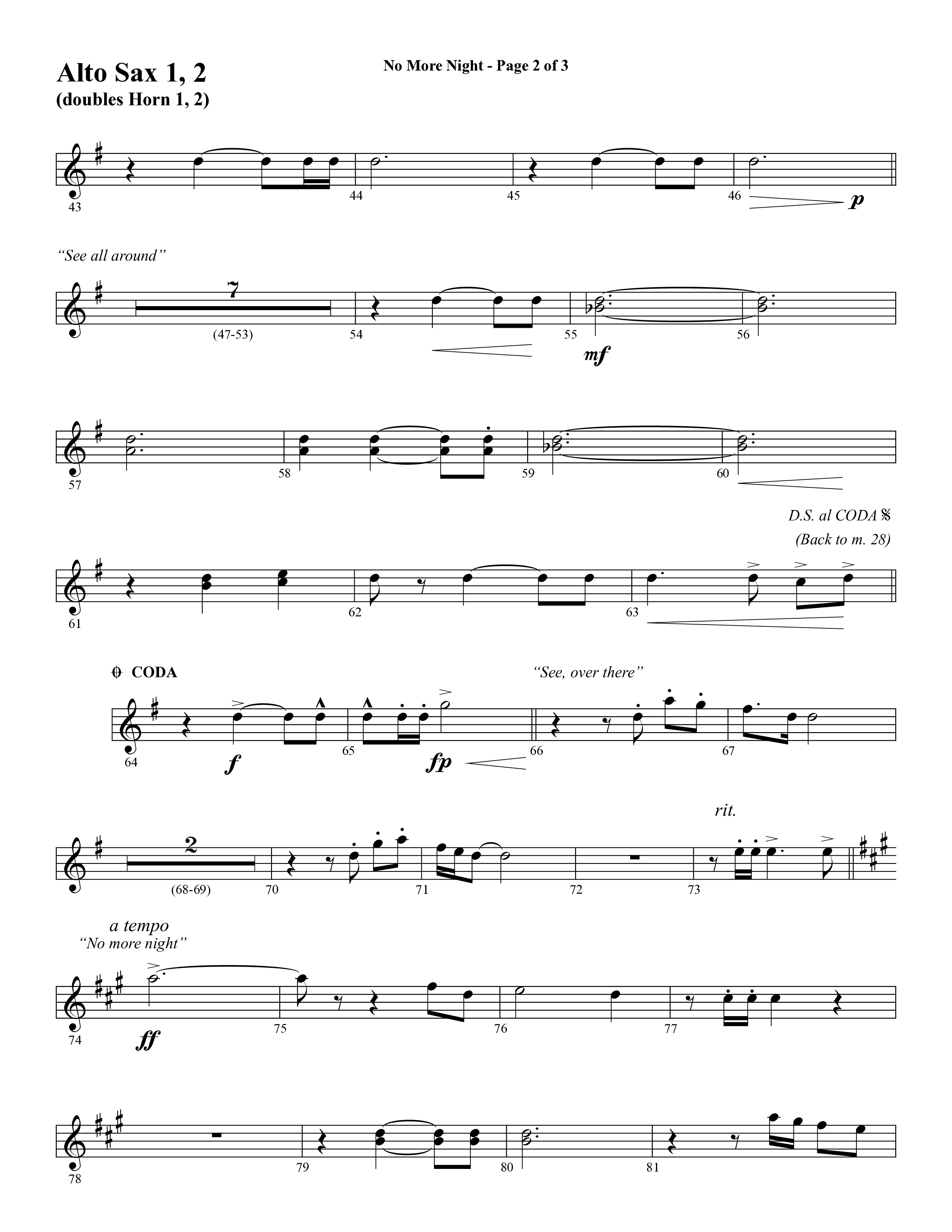 No More Night (Choral Anthem SATB) Alto Sax 1/2 (Word Music Choral / Arr. Camp Kirkland)