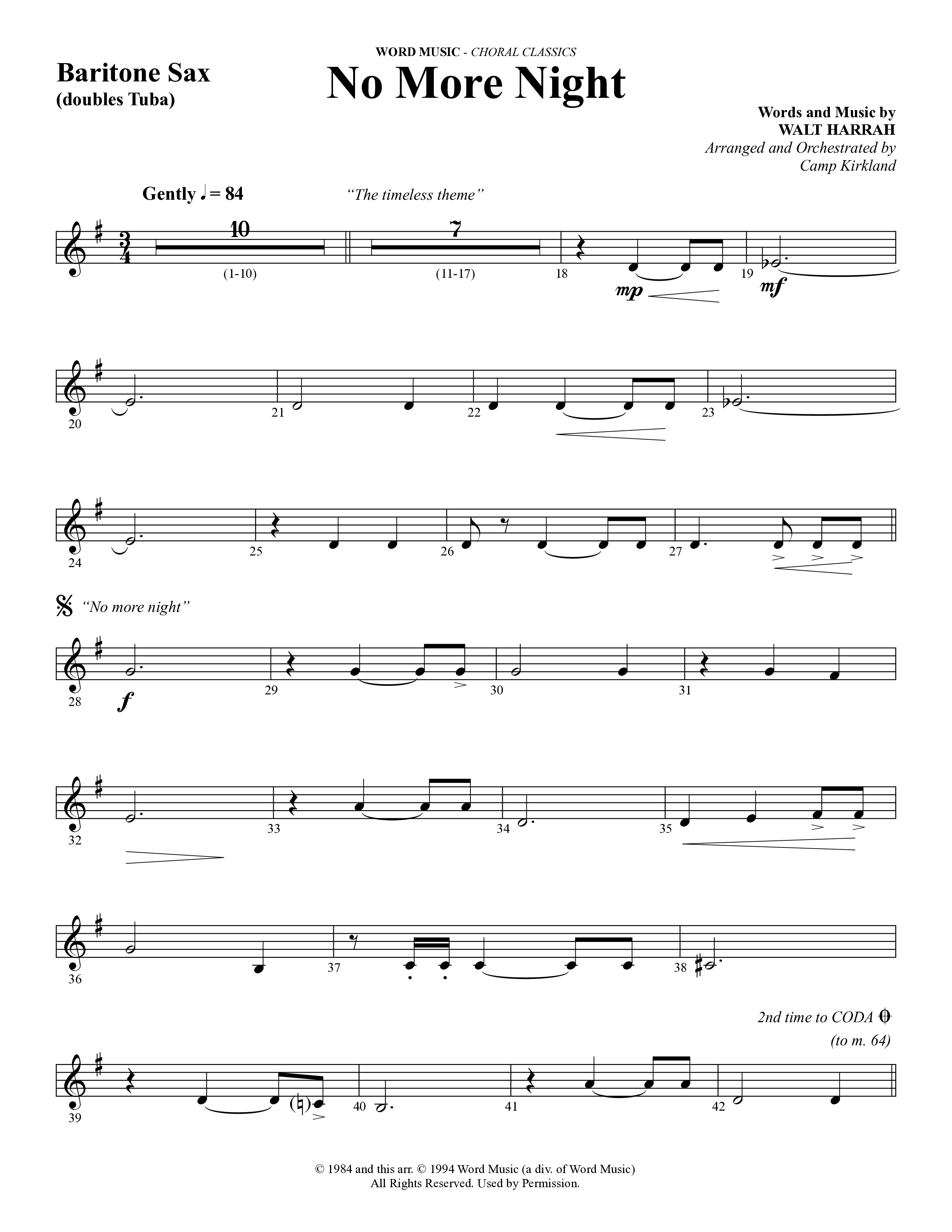 No More Night (Choral Anthem SATB) Bari Sax (Word Music Choral / Arr. Camp Kirkland)