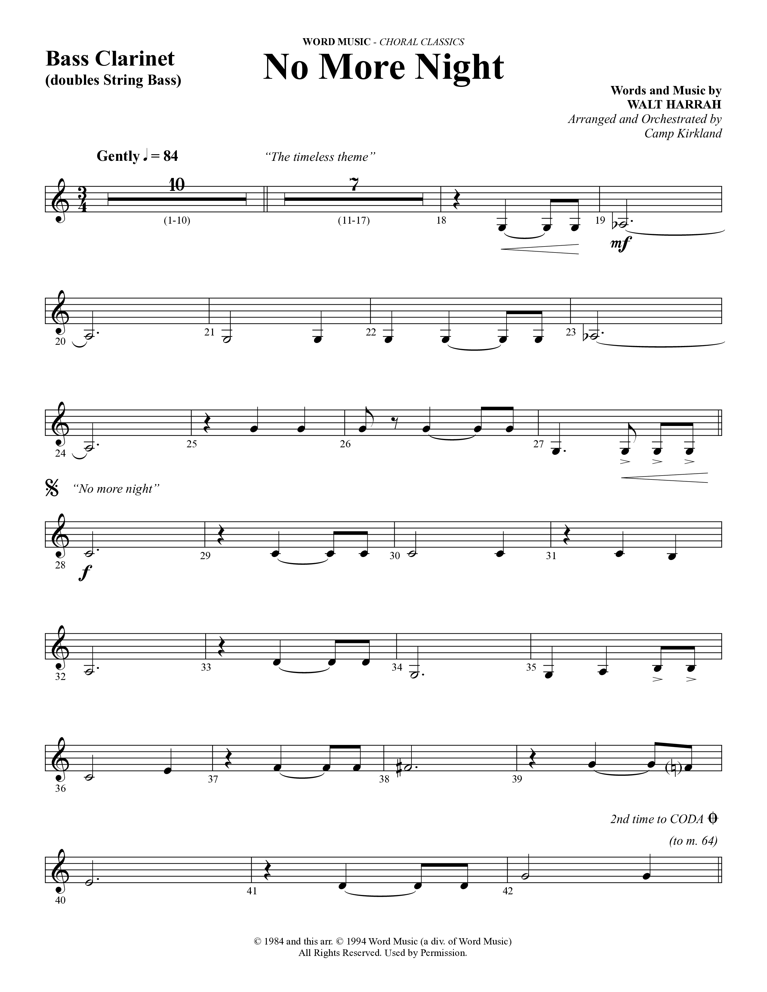 No More Night (Choral Anthem SATB) Bass Clarinet (Word Music Choral / Arr. Camp Kirkland)