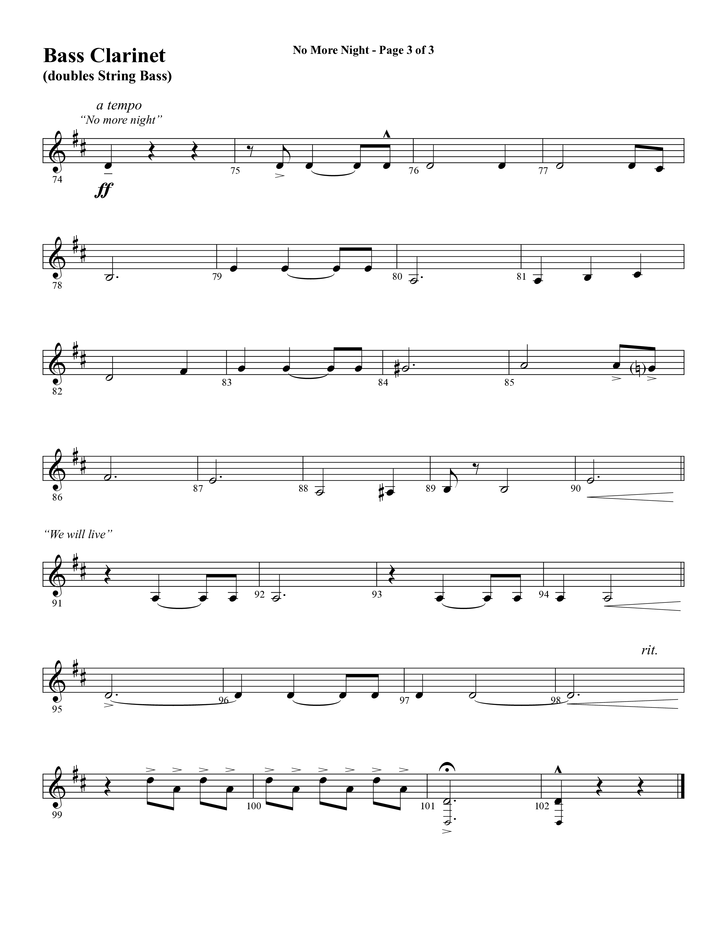 No More Night (Choral Anthem SATB) Bass Clarinet (Word Music Choral / Arr. Camp Kirkland)