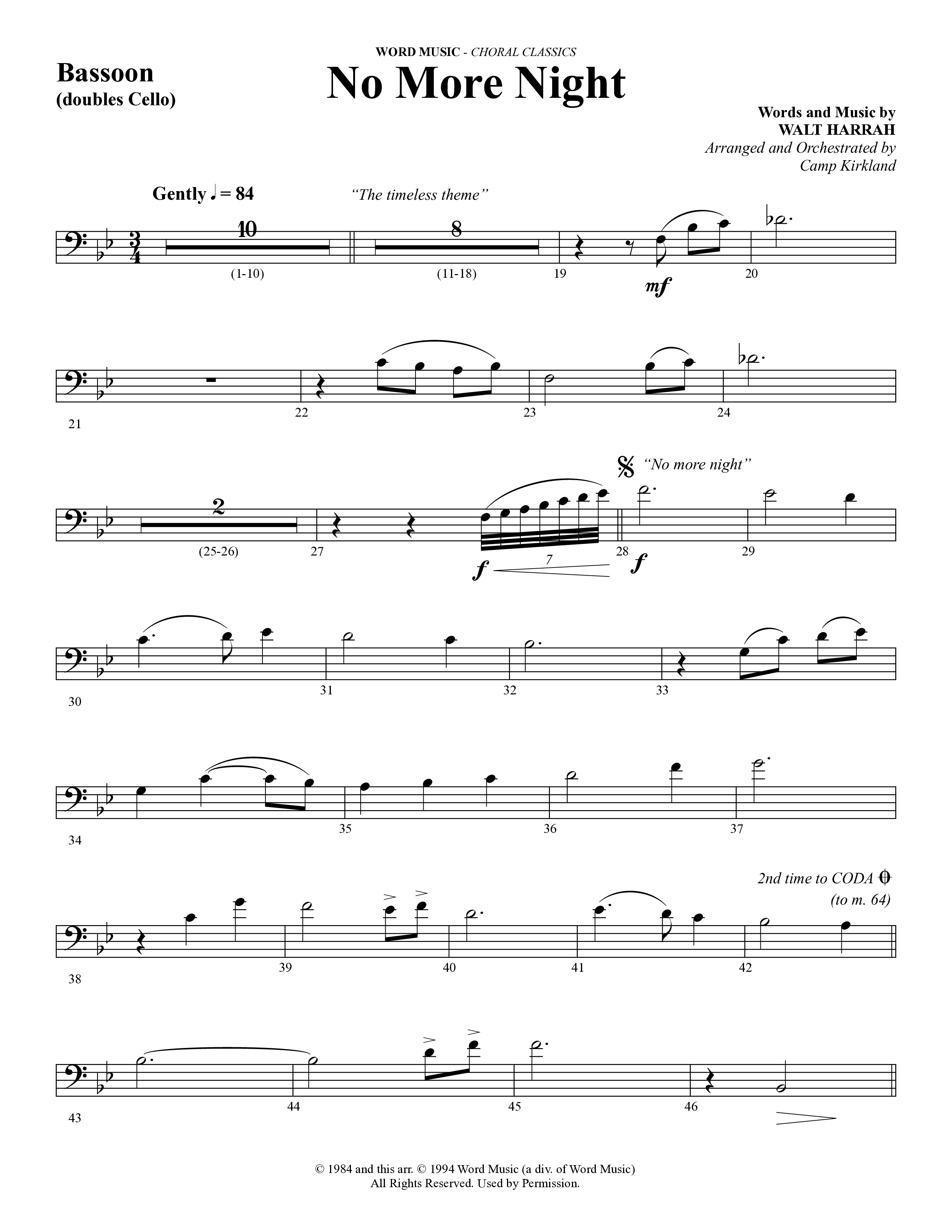 No More Night (Choral Anthem SATB) Bassoon (Word Music Choral / Arr. Camp Kirkland)