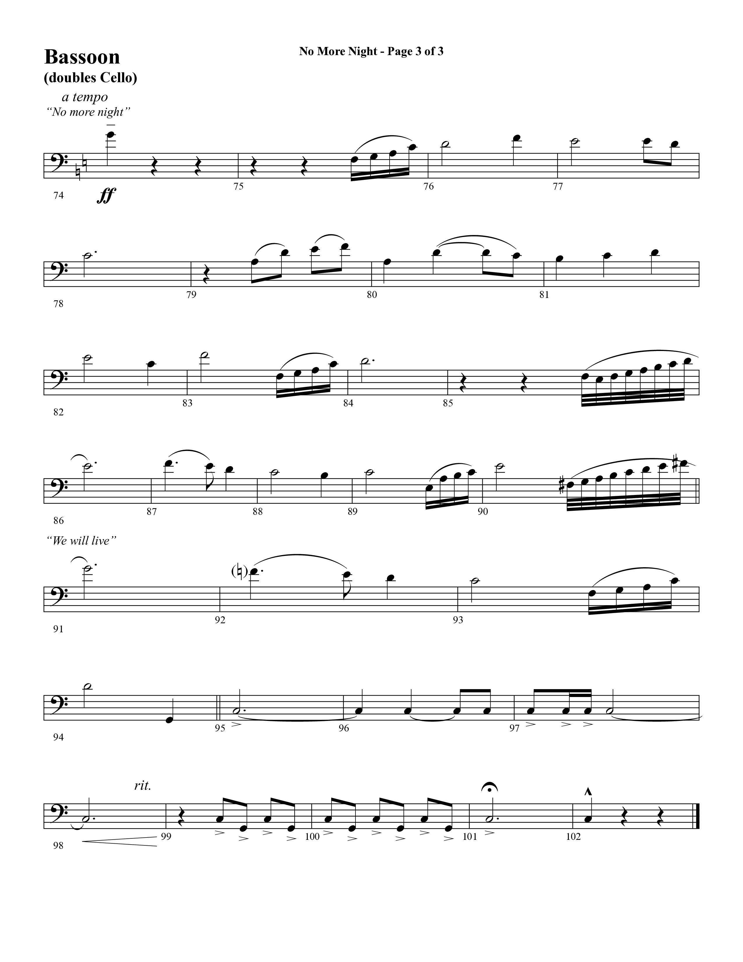 No More Night (Choral Anthem SATB) Bassoon (Word Music Choral / Arr. Camp Kirkland)