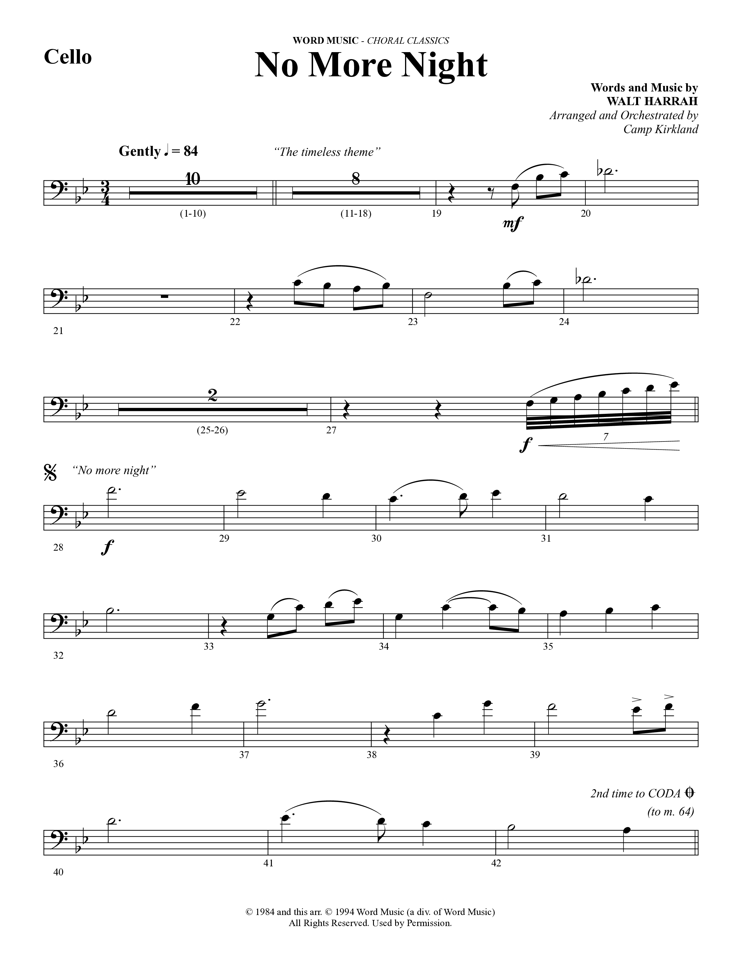 No More Night (Choral Anthem SATB) Cello (Word Music Choral / Arr. Camp Kirkland)