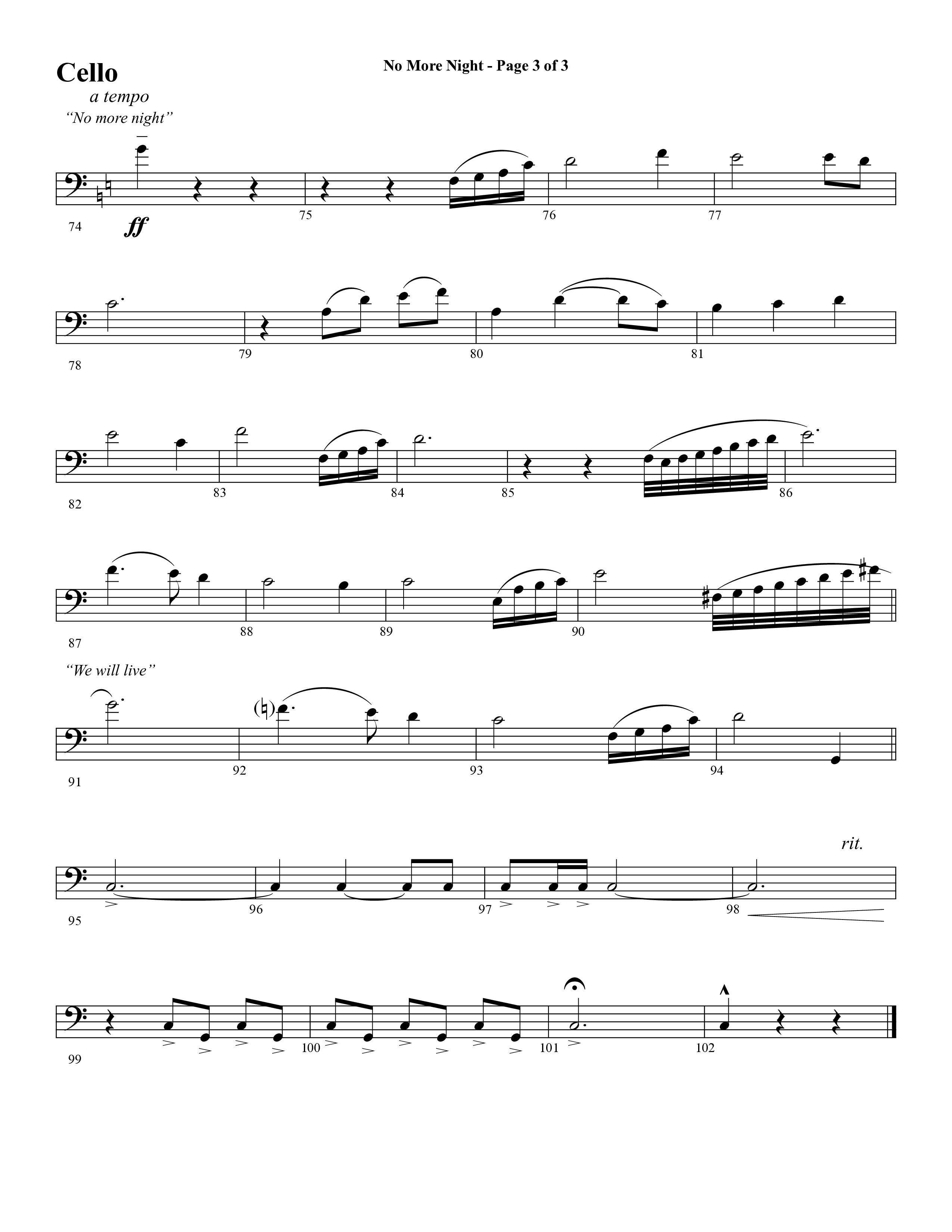 No More Night (Choral Anthem SATB) Cello (Word Music Choral / Arr. Camp Kirkland)