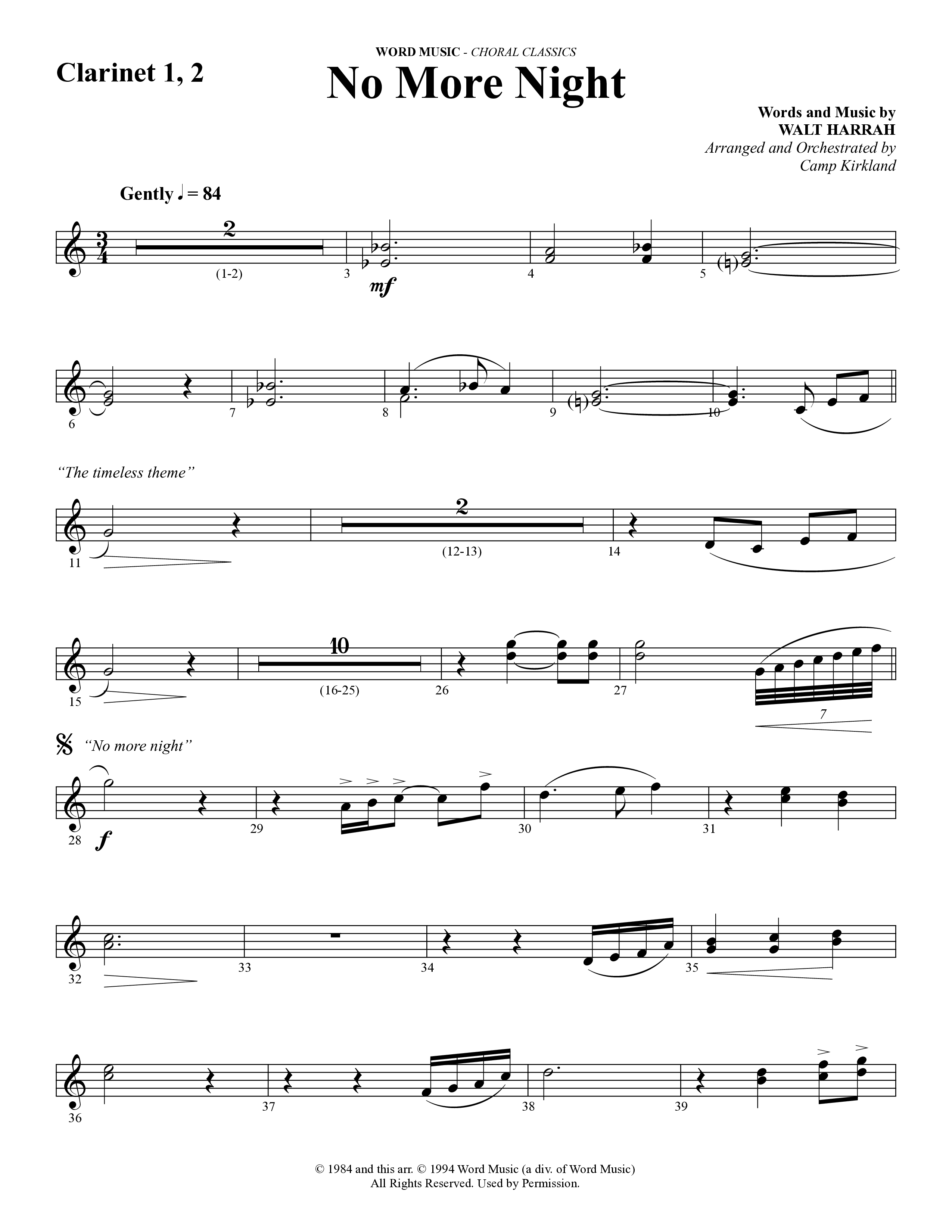 No More Night (Choral Anthem SATB) Clarinet 1/2 (Word Music Choral / Arr. Camp Kirkland)