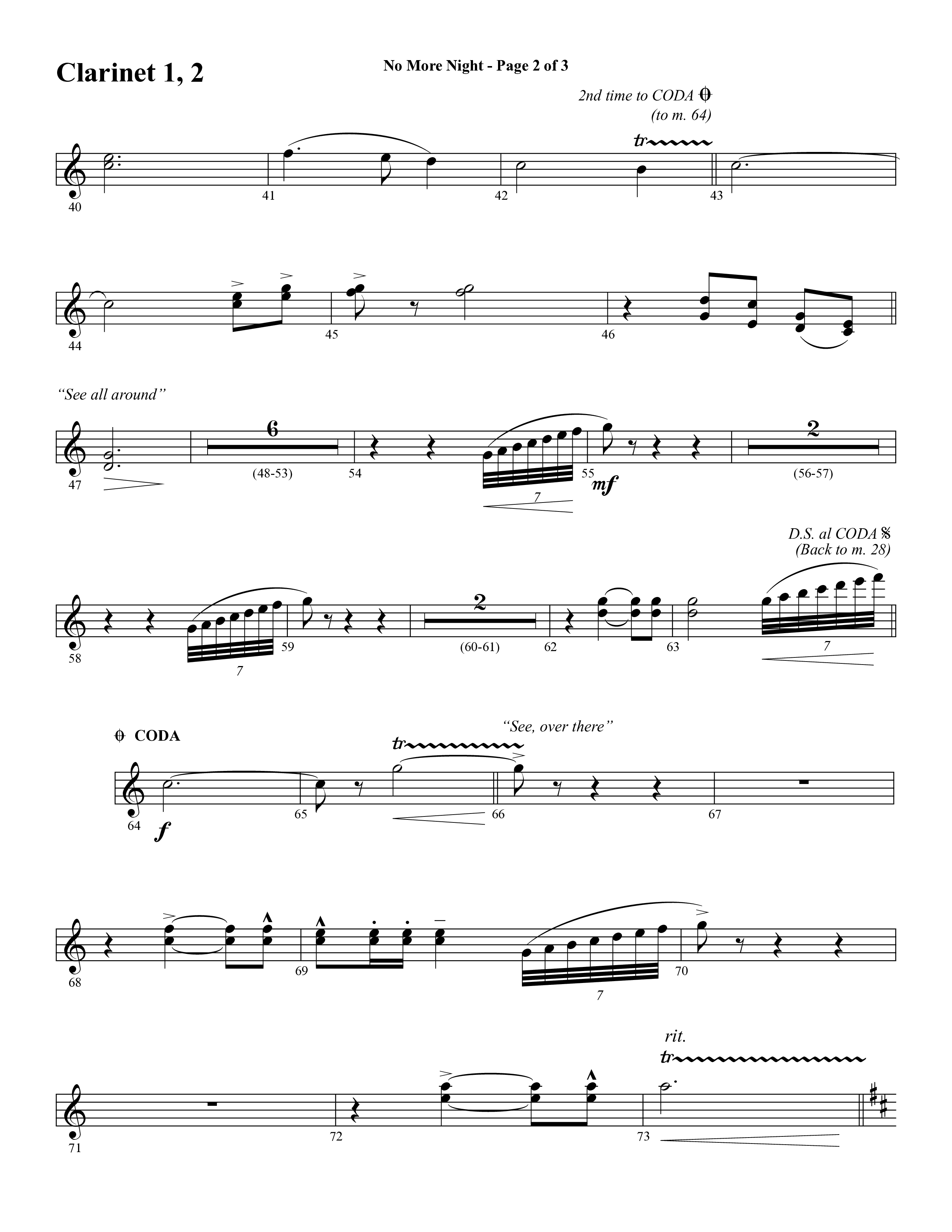 No More Night (Choral Anthem SATB) Clarinet 1/2 (Word Music Choral / Arr. Camp Kirkland)