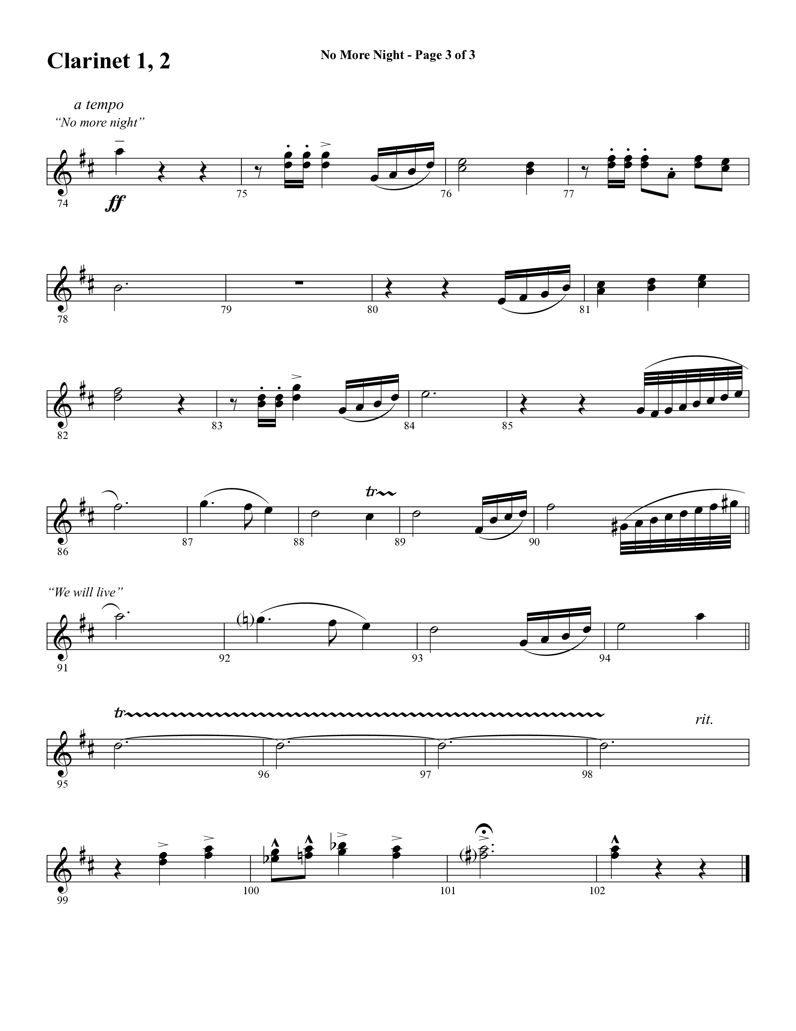 No More Night (Choral Anthem SATB) Clarinet 1/2 (Word Music Choral / Arr. Camp Kirkland)
