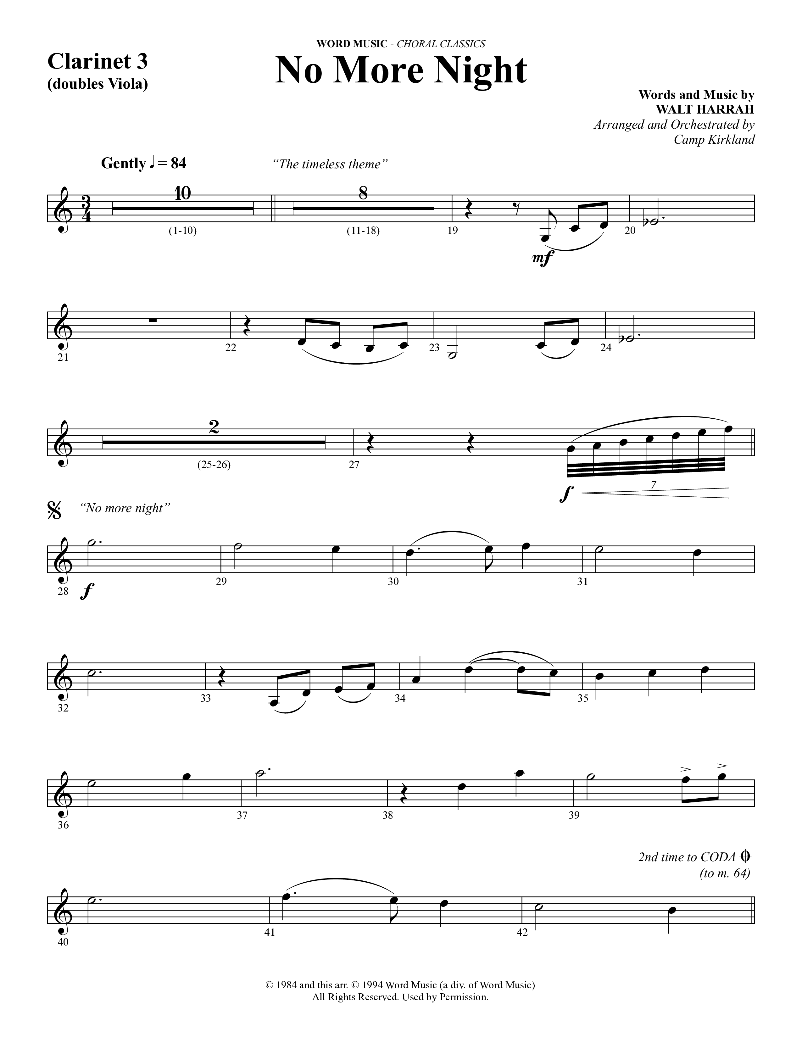 No More Night (Choral Anthem SATB) Clarinet 3 (Word Music Choral / Arr. Camp Kirkland)