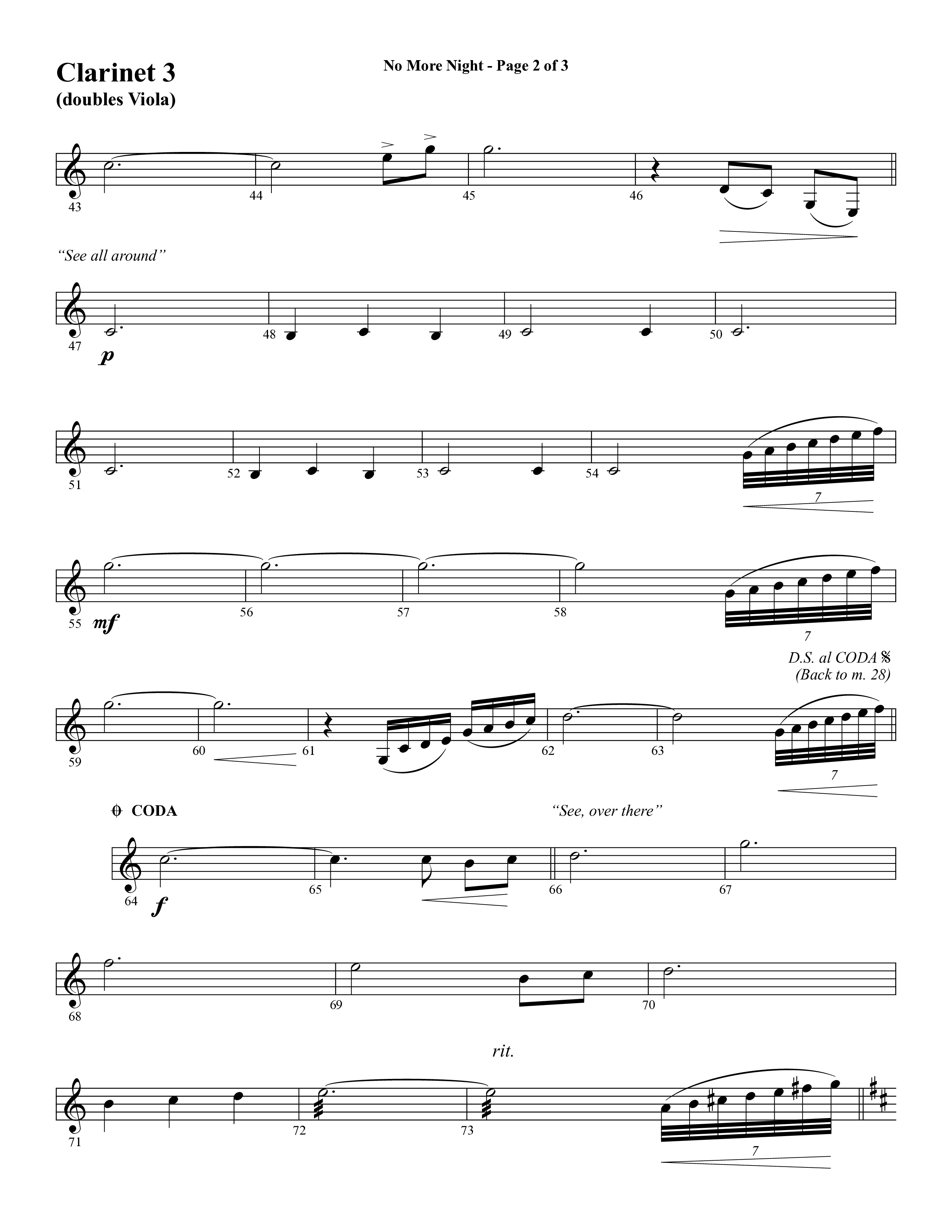 No More Night (Choral Anthem SATB) Clarinet 3 (Word Music Choral / Arr. Camp Kirkland)