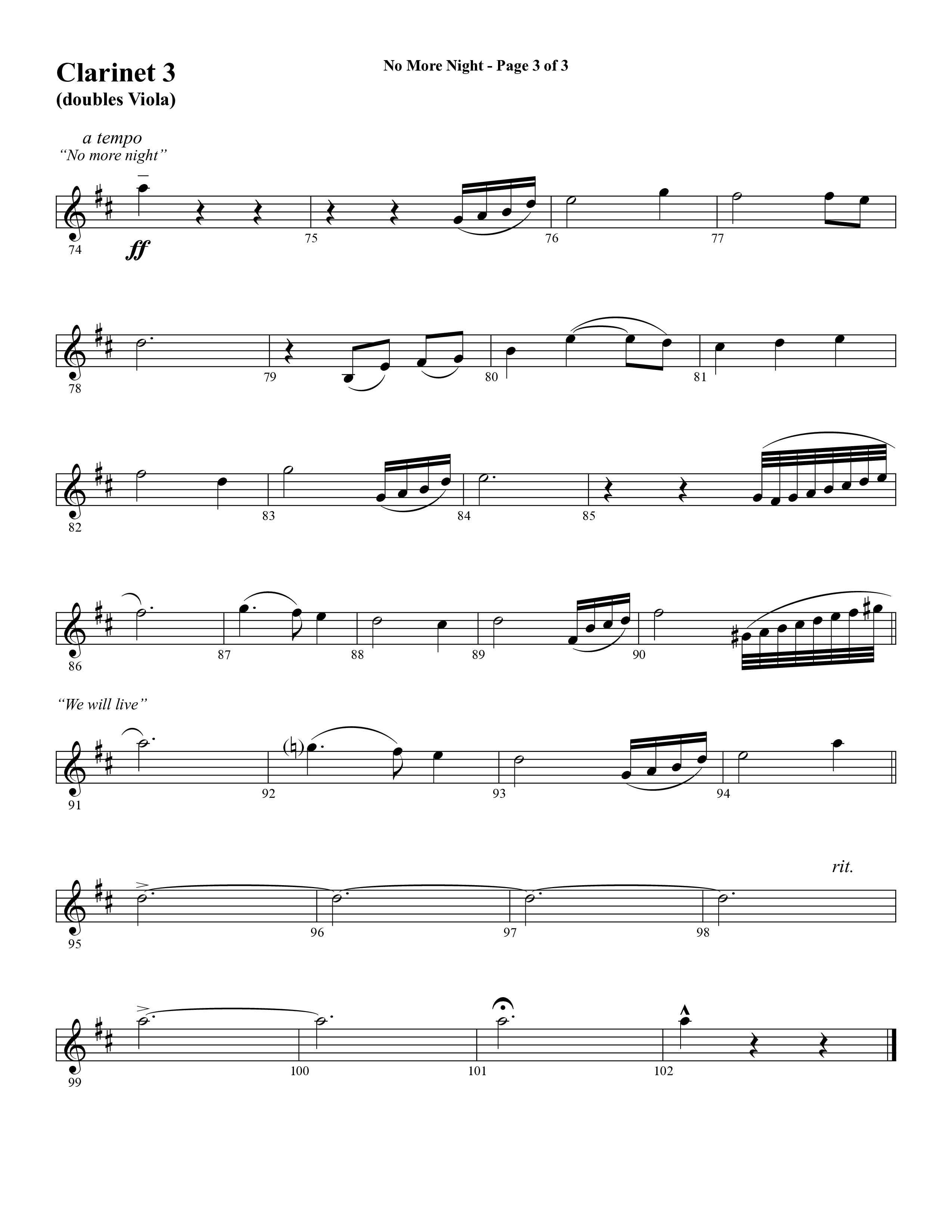 No More Night (Choral Anthem SATB) Clarinet 3 (Word Music Choral / Arr. Camp Kirkland)