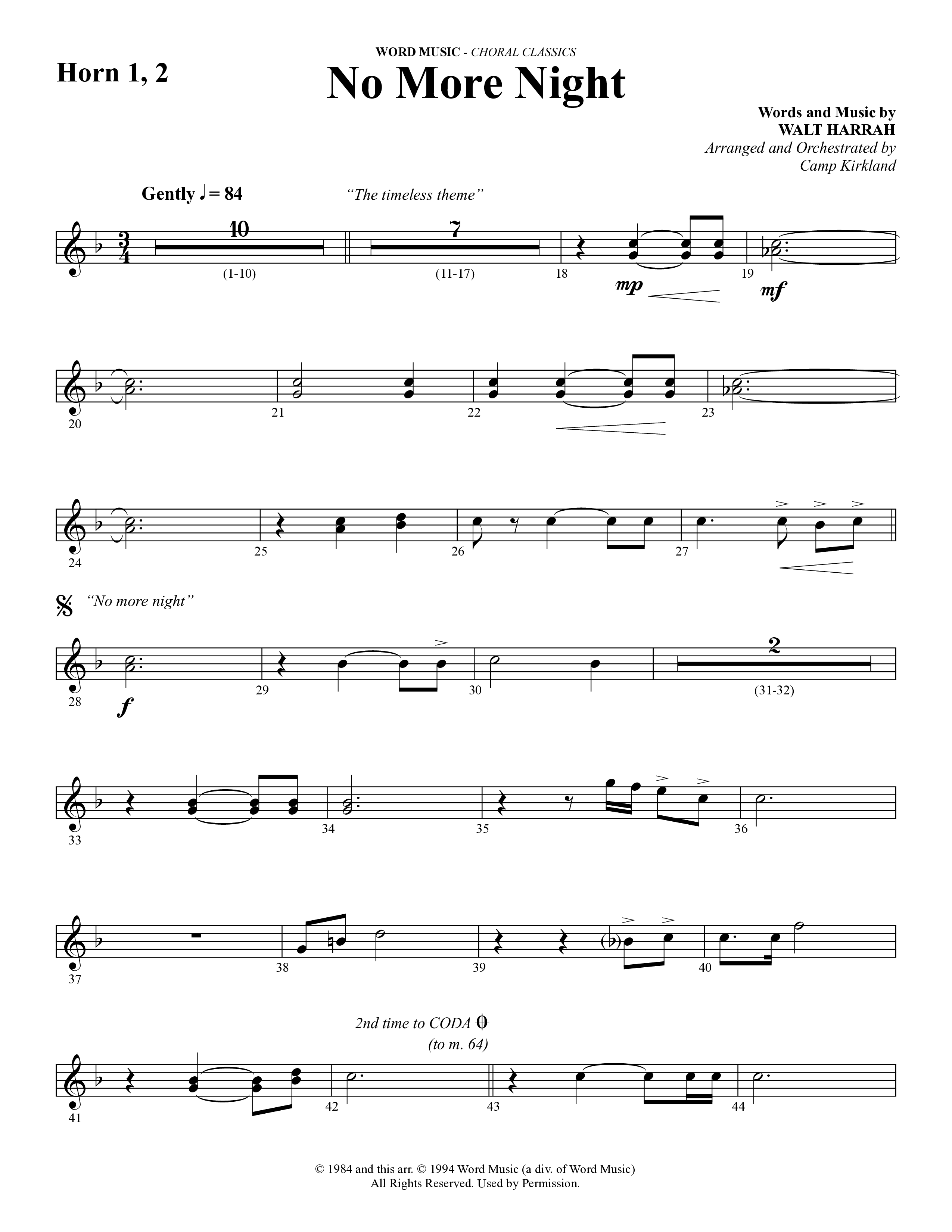 No More Night (Choral Anthem SATB) French Horn 1/2 (Word Music Choral / Arr. Camp Kirkland)