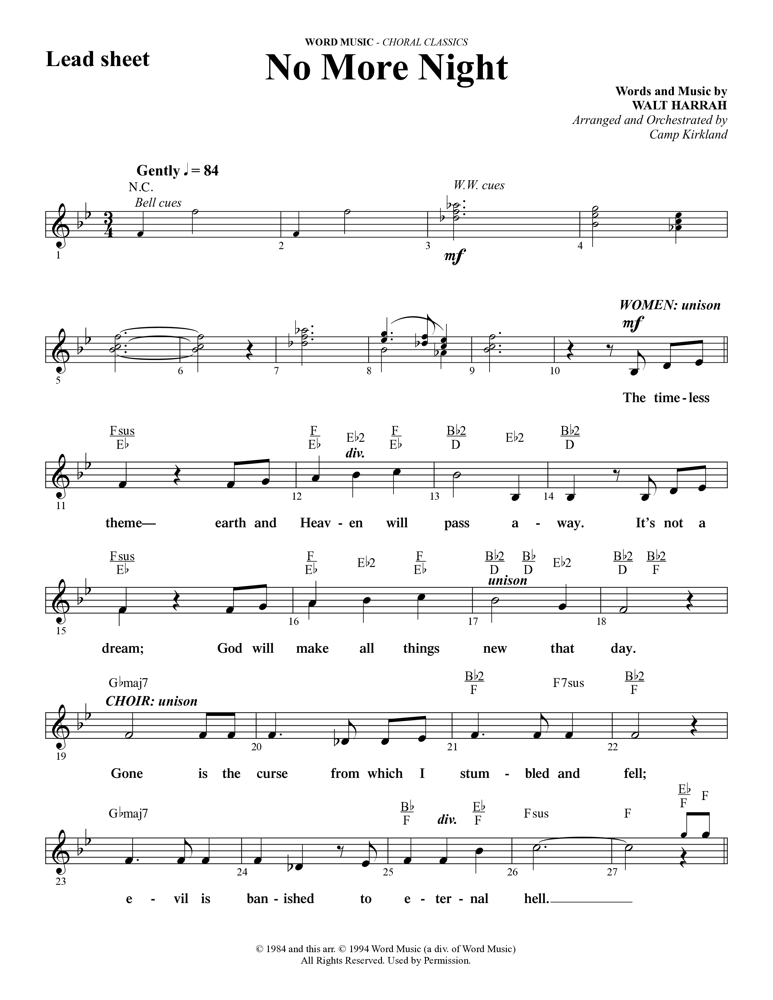 No More Night (Choral Anthem SATB) Lead Sheet (Word Music Choral / Arr. Camp Kirkland)