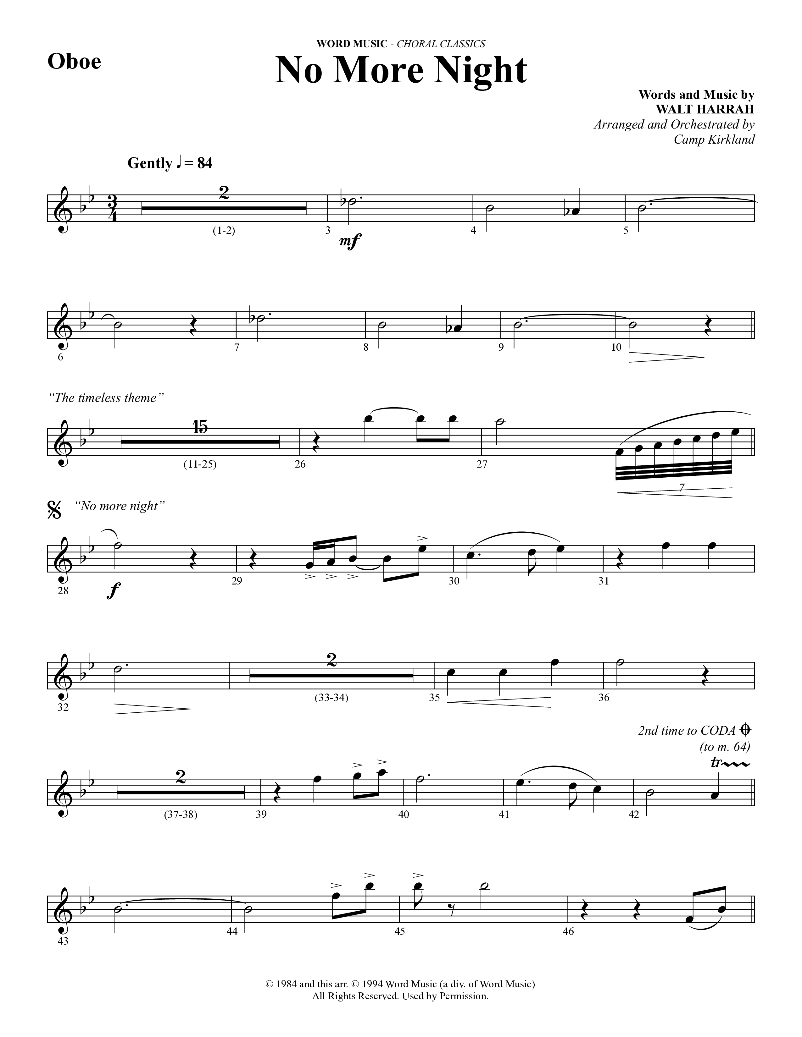 No More Night (Choral Anthem SATB) Oboe (Word Music Choral / Arr. Camp Kirkland)