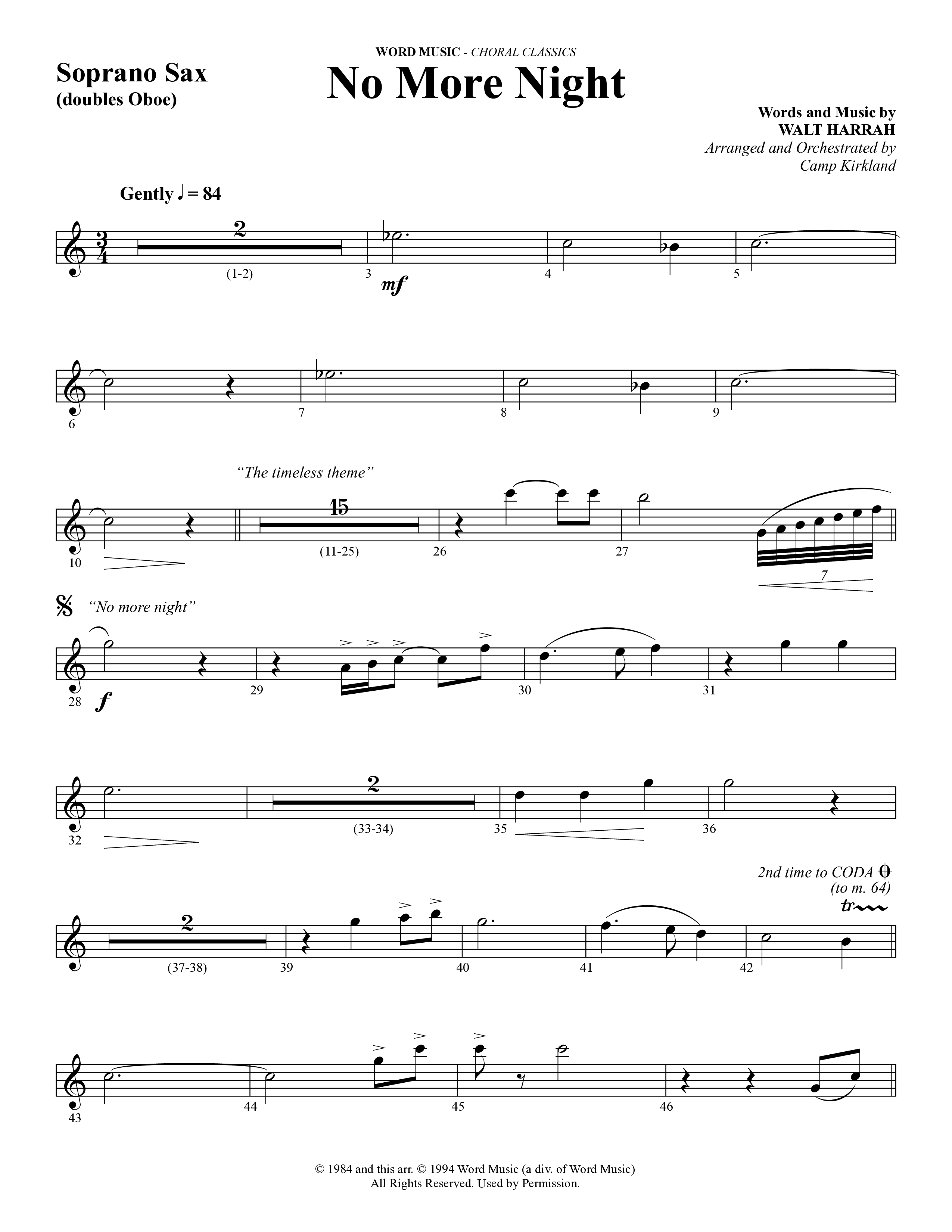 No More Night (Choral Anthem SATB) Soprano Sax (Word Music Choral / Arr. Camp Kirkland)