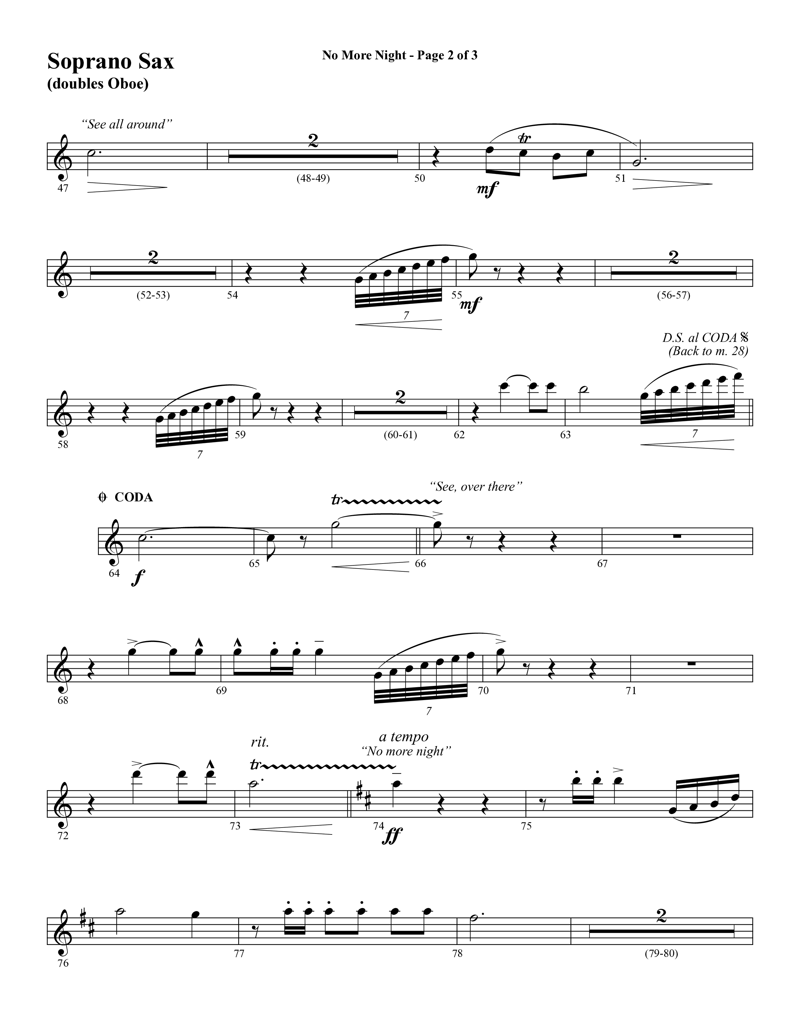 No More Night (Choral Anthem SATB) Soprano Sax (Word Music Choral / Arr. Camp Kirkland)