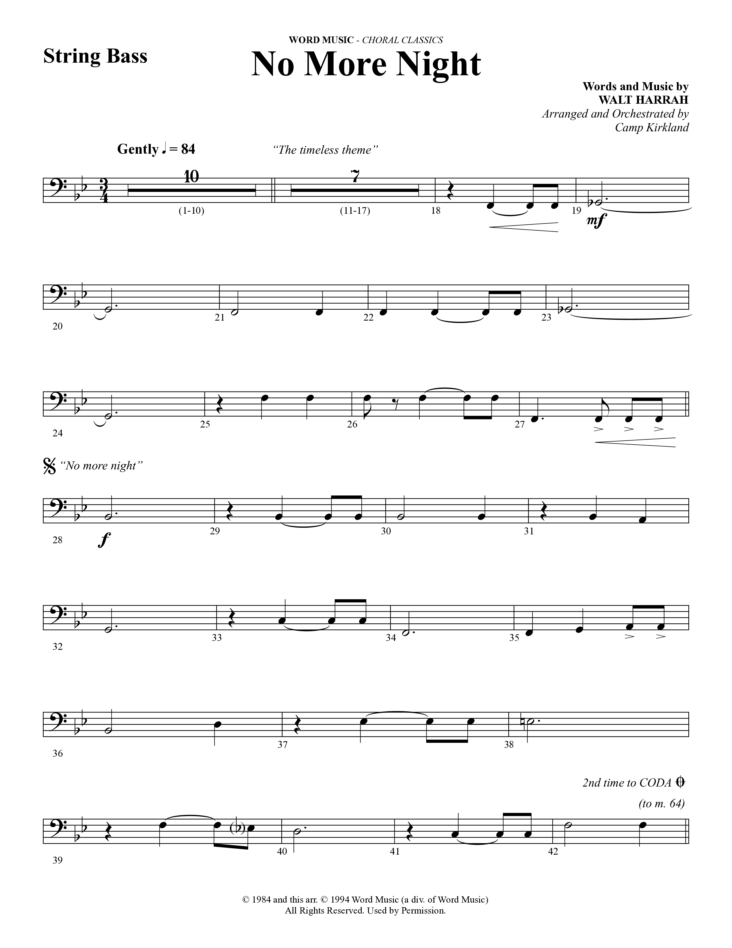 No More Night (Choral Anthem SATB) String Bass (Word Music Choral / Arr. Camp Kirkland)