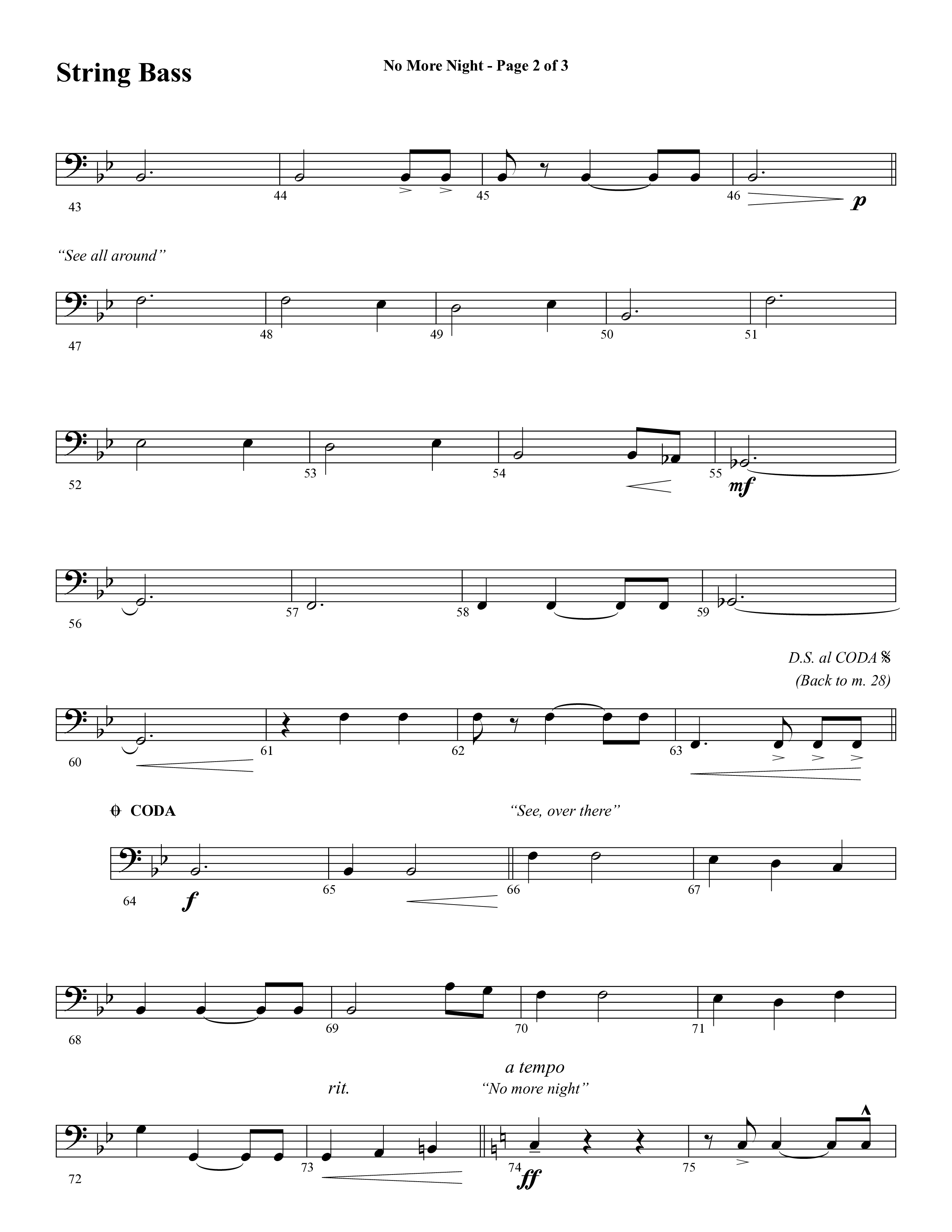 No More Night (Choral Anthem SATB) String Bass (Word Music Choral / Arr. Camp Kirkland)