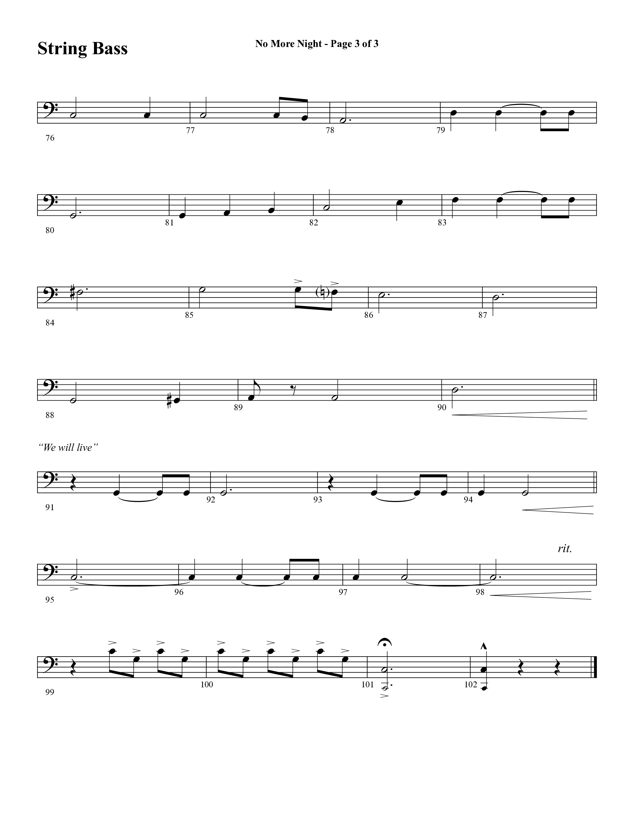 No More Night (Choral Anthem SATB) String Bass (Word Music Choral / Arr. Camp Kirkland)