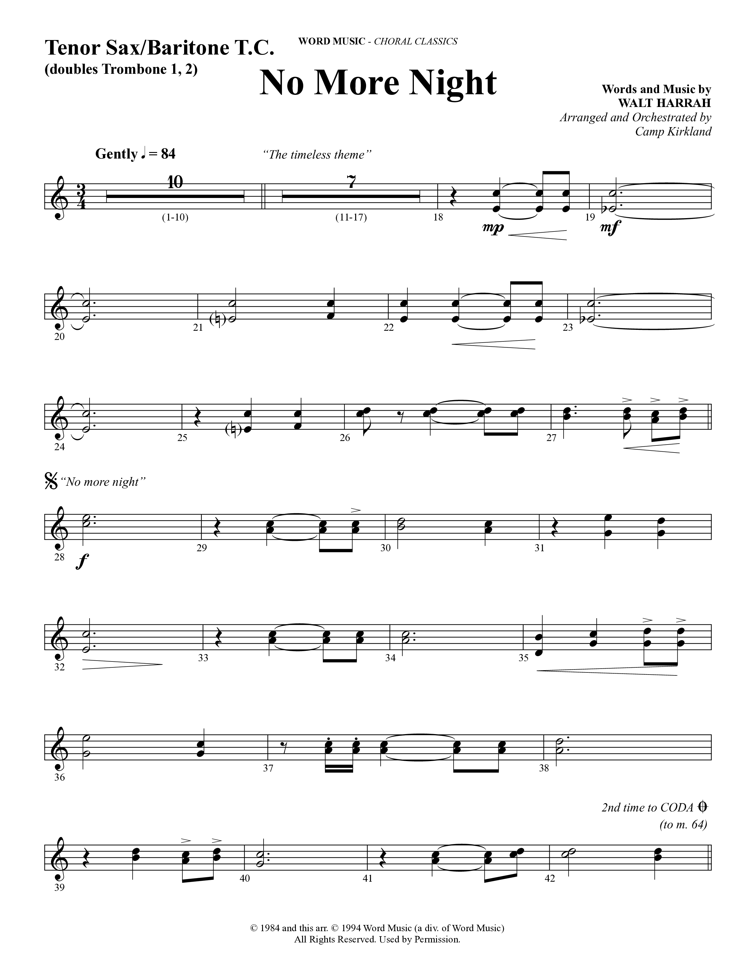 No More Night (Choral Anthem SATB) Tenor Sax/Baritone T.C. (Word Music Choral / Arr. Camp Kirkland)