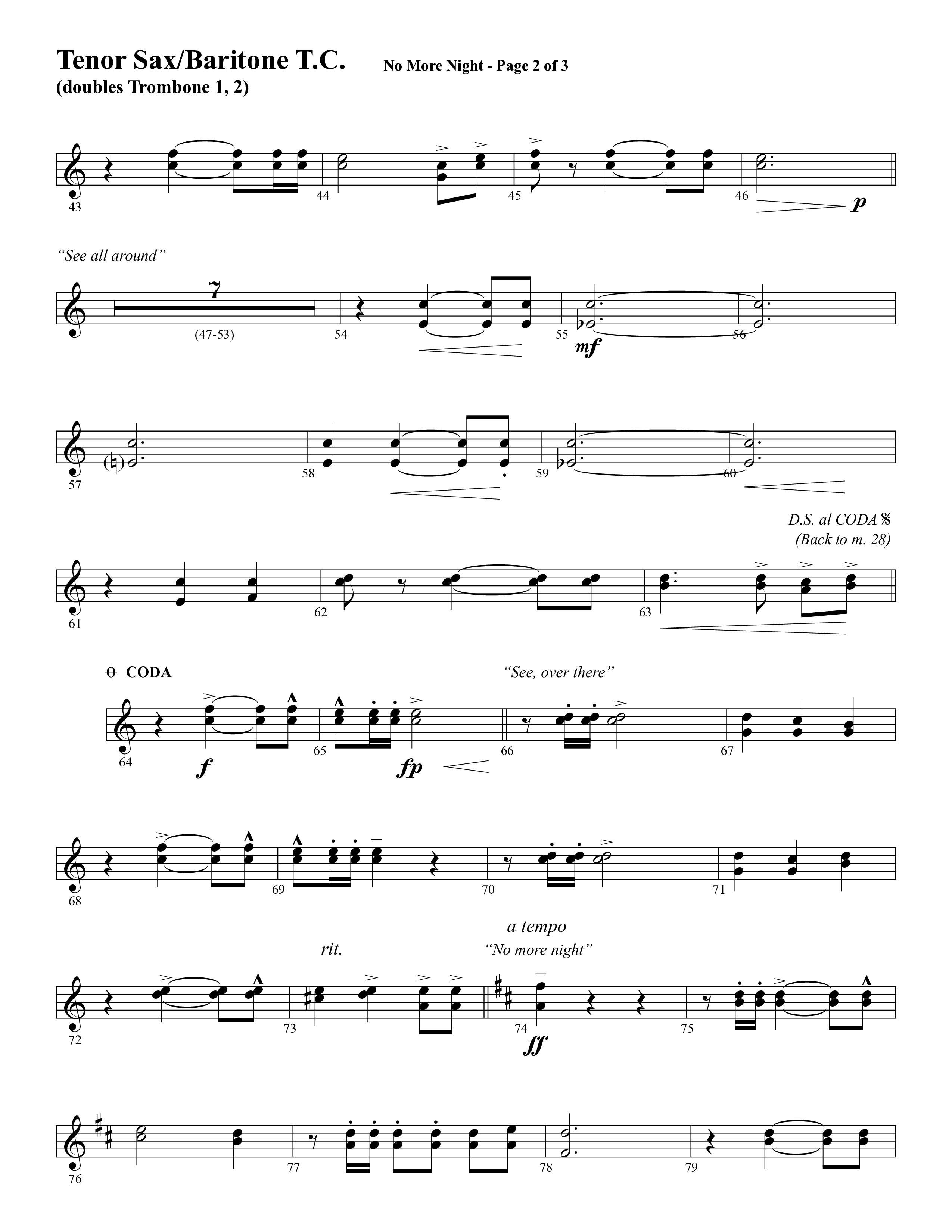 No More Night (Choral Anthem SATB) Tenor Sax/Baritone T.C. (Word Music Choral / Arr. Camp Kirkland)