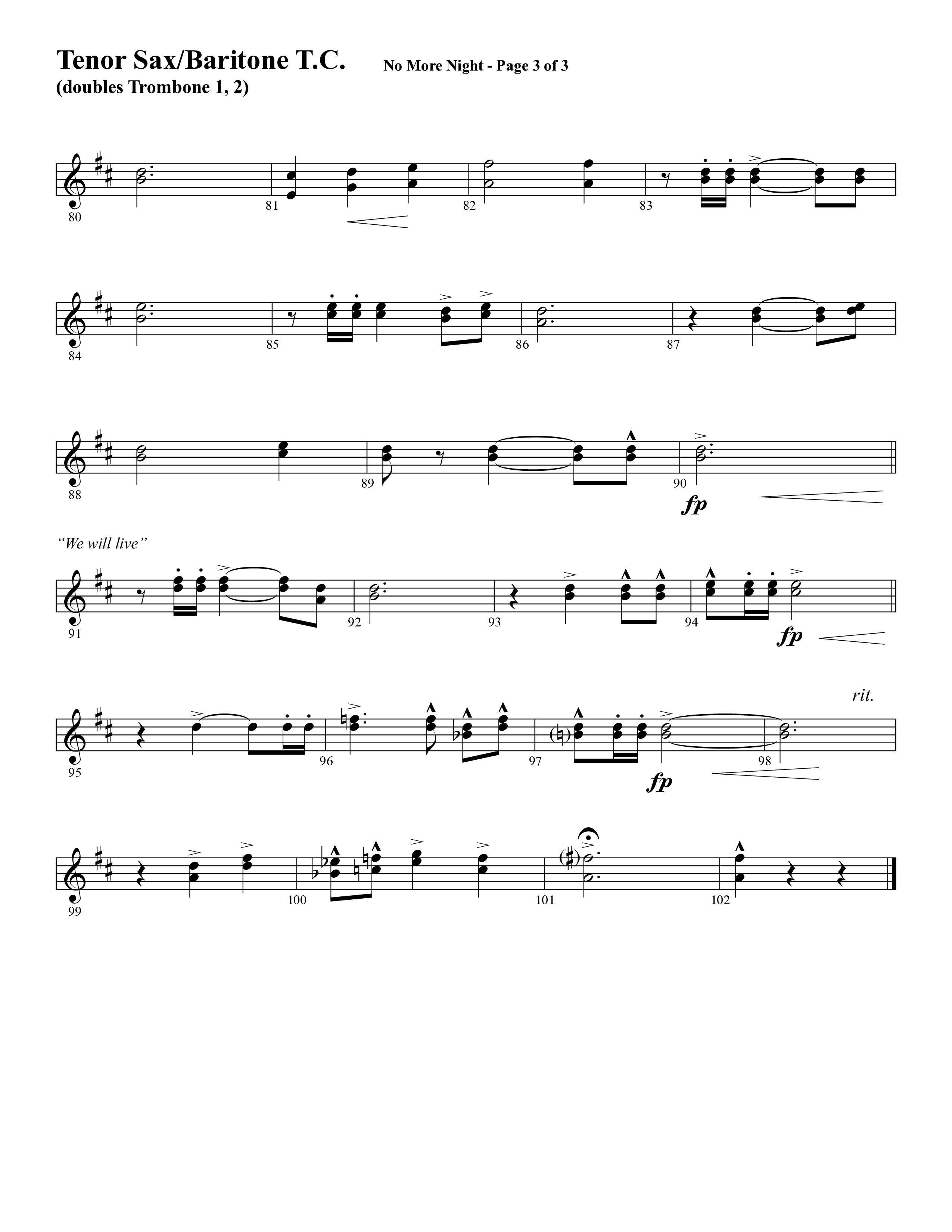 No More Night (Choral Anthem SATB) Tenor Sax/Baritone T.C. (Word Music Choral / Arr. Camp Kirkland)