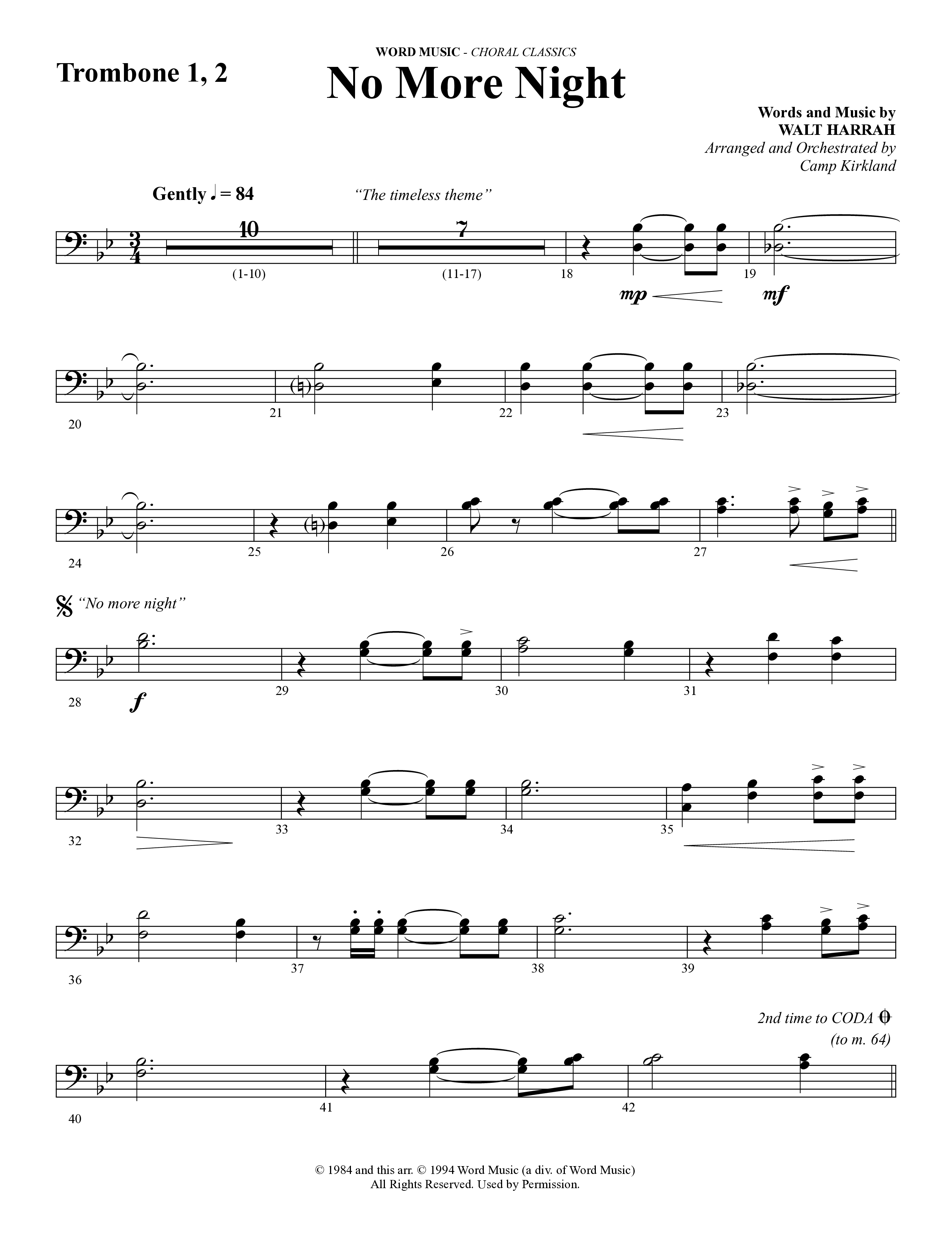 No More Night (Choral Anthem SATB) Trombone 1/2 (Word Music Choral / Arr. Camp Kirkland)
