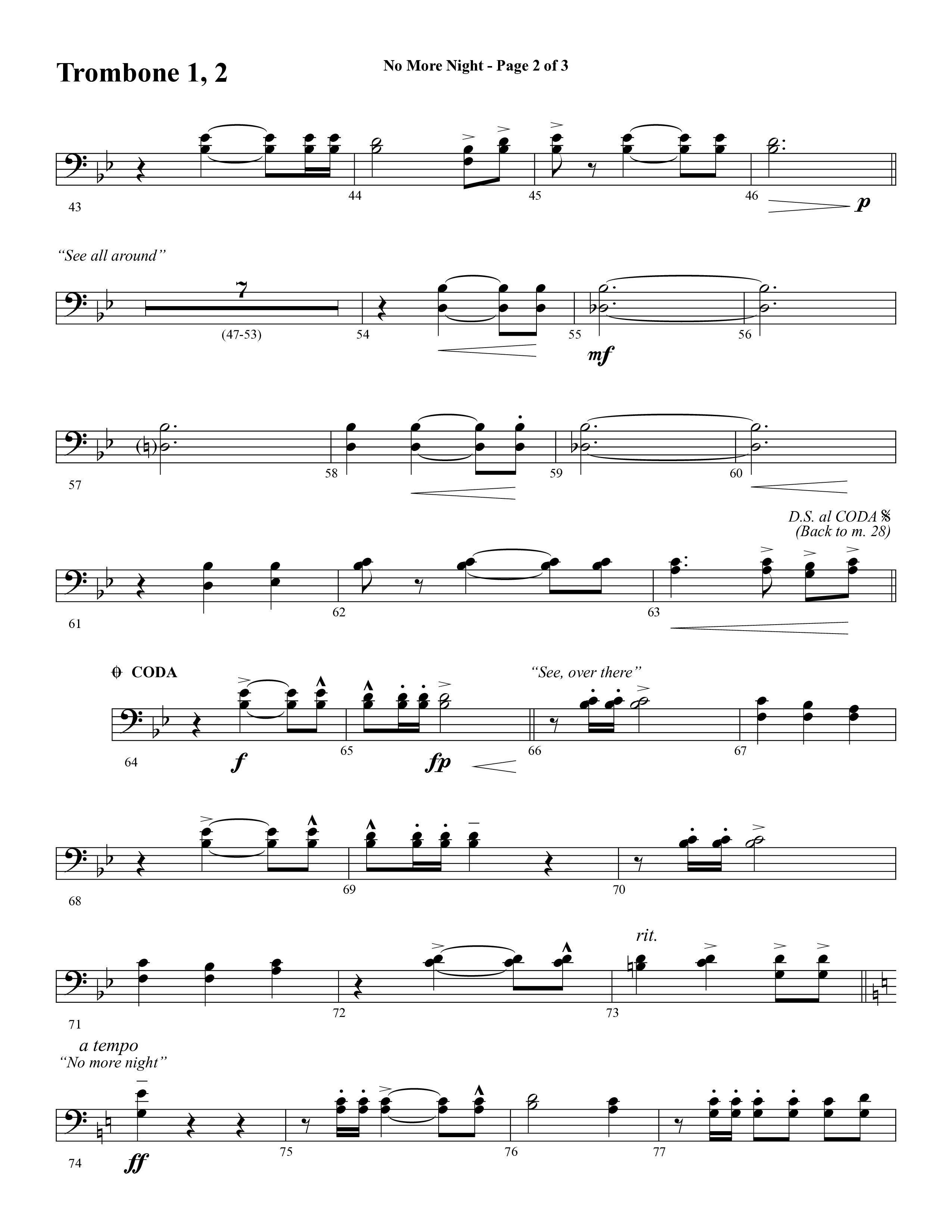 No More Night (Choral Anthem SATB) Trombone 1/2 (Word Music Choral / Arr. Camp Kirkland)