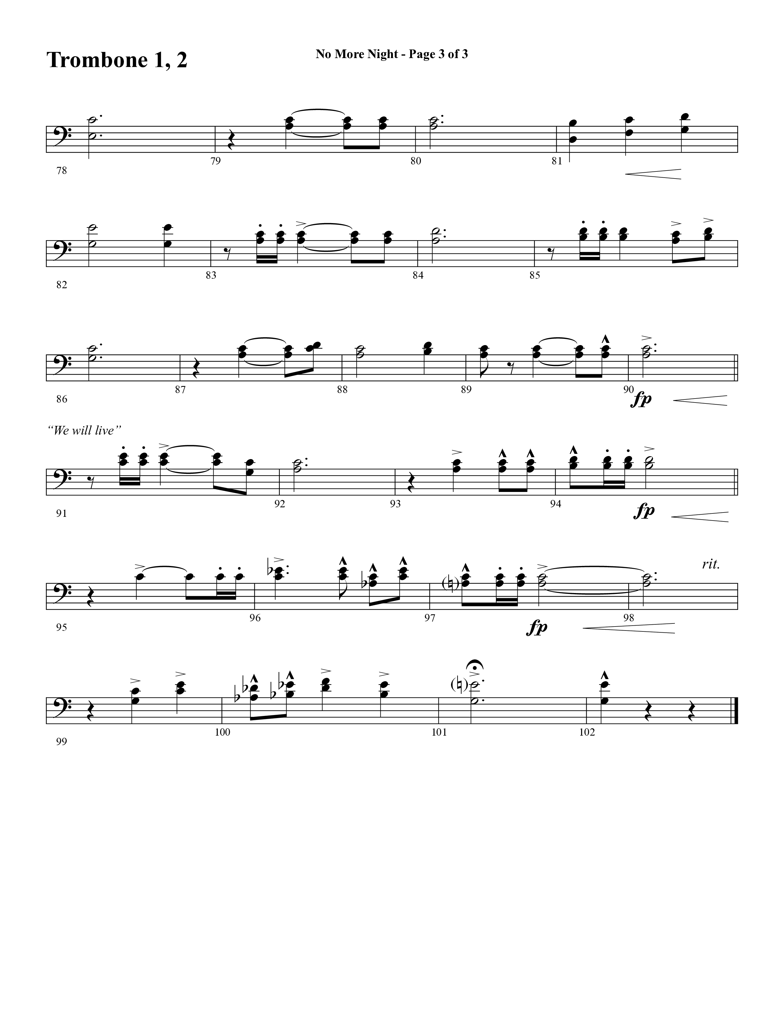 No More Night (Choral Anthem SATB) Trombone 1/2 (Word Music Choral / Arr. Camp Kirkland)