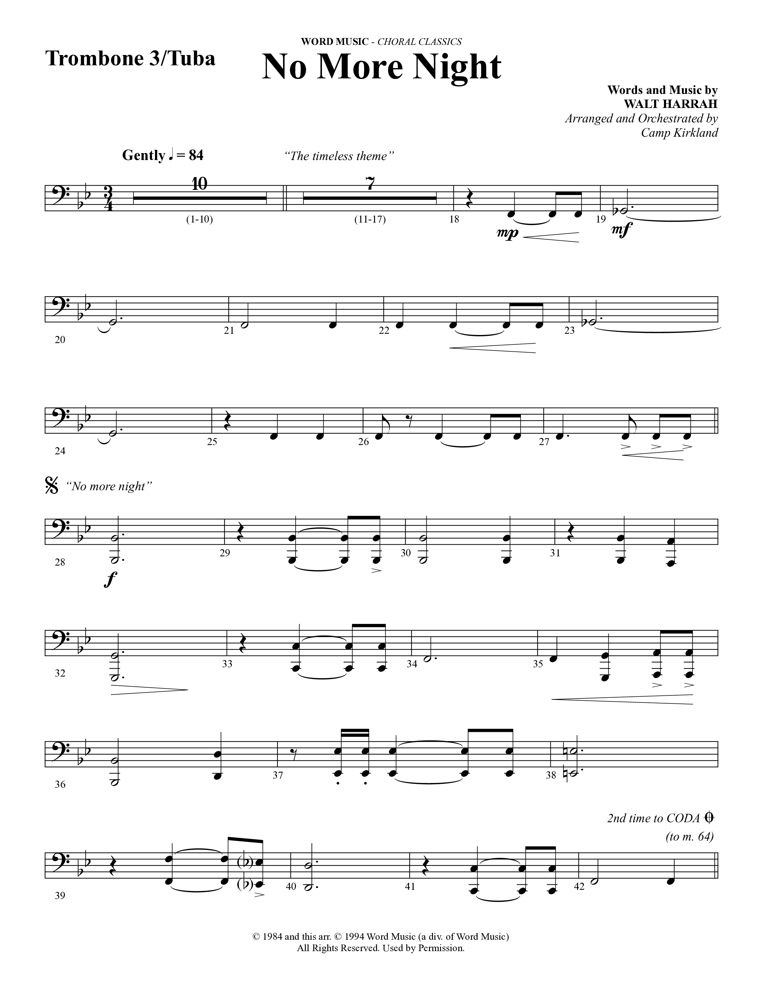 No More Night (Choral Anthem SATB) Trombone 3/Tuba (Word Music Choral / Arr. Camp Kirkland)