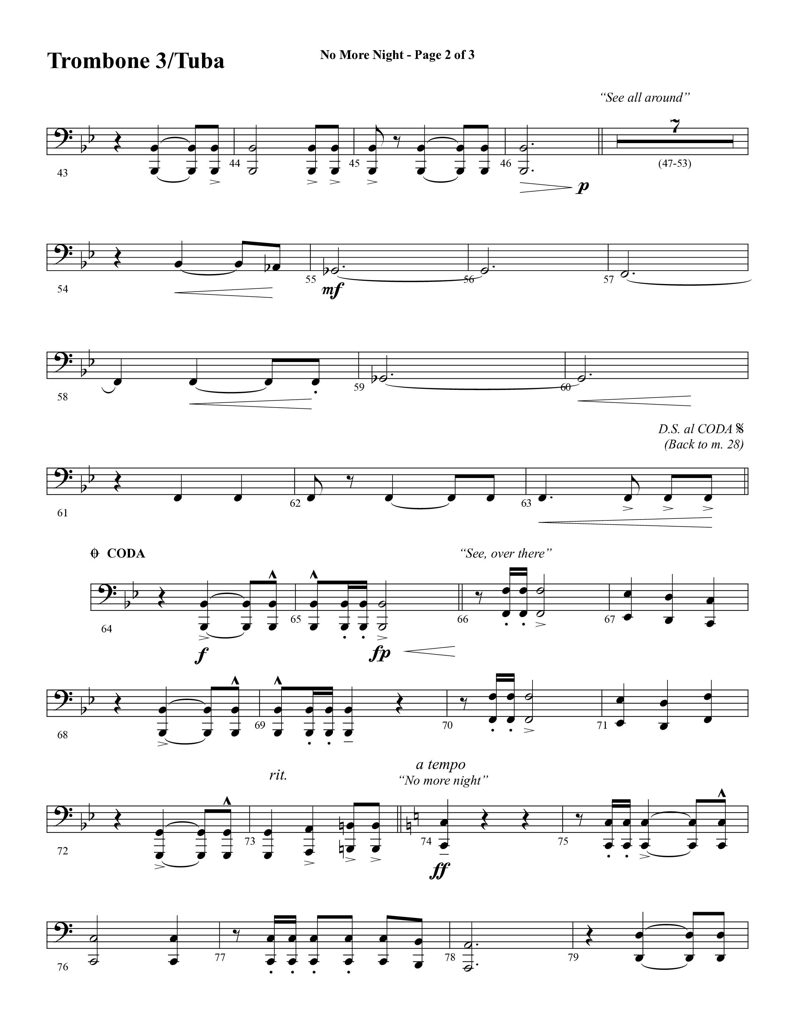 No More Night (Choral Anthem SATB) Trombone 3/Tuba (Word Music Choral / Arr. Camp Kirkland)