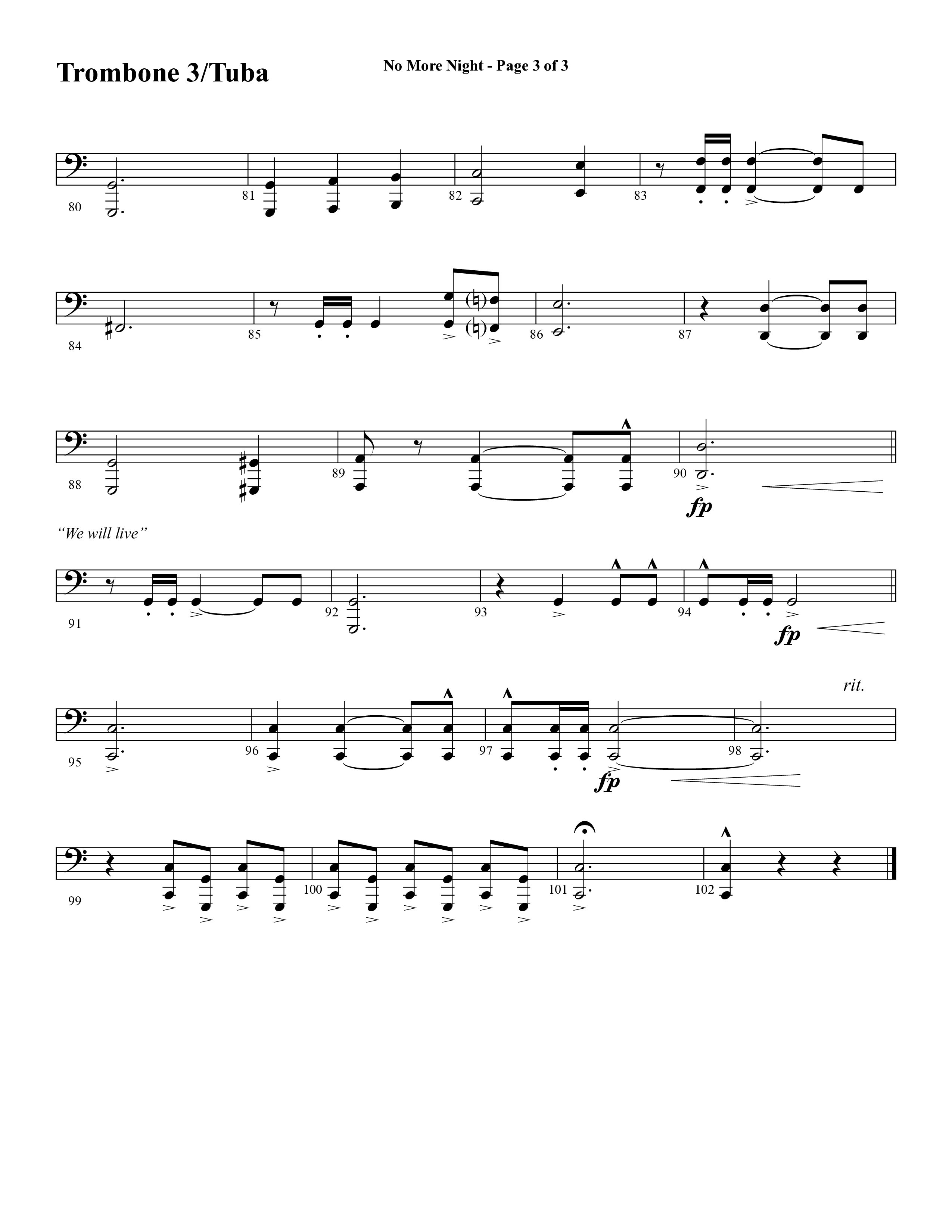 No More Night (Choral Anthem SATB) Trombone 3/Tuba (Word Music Choral / Arr. Camp Kirkland)