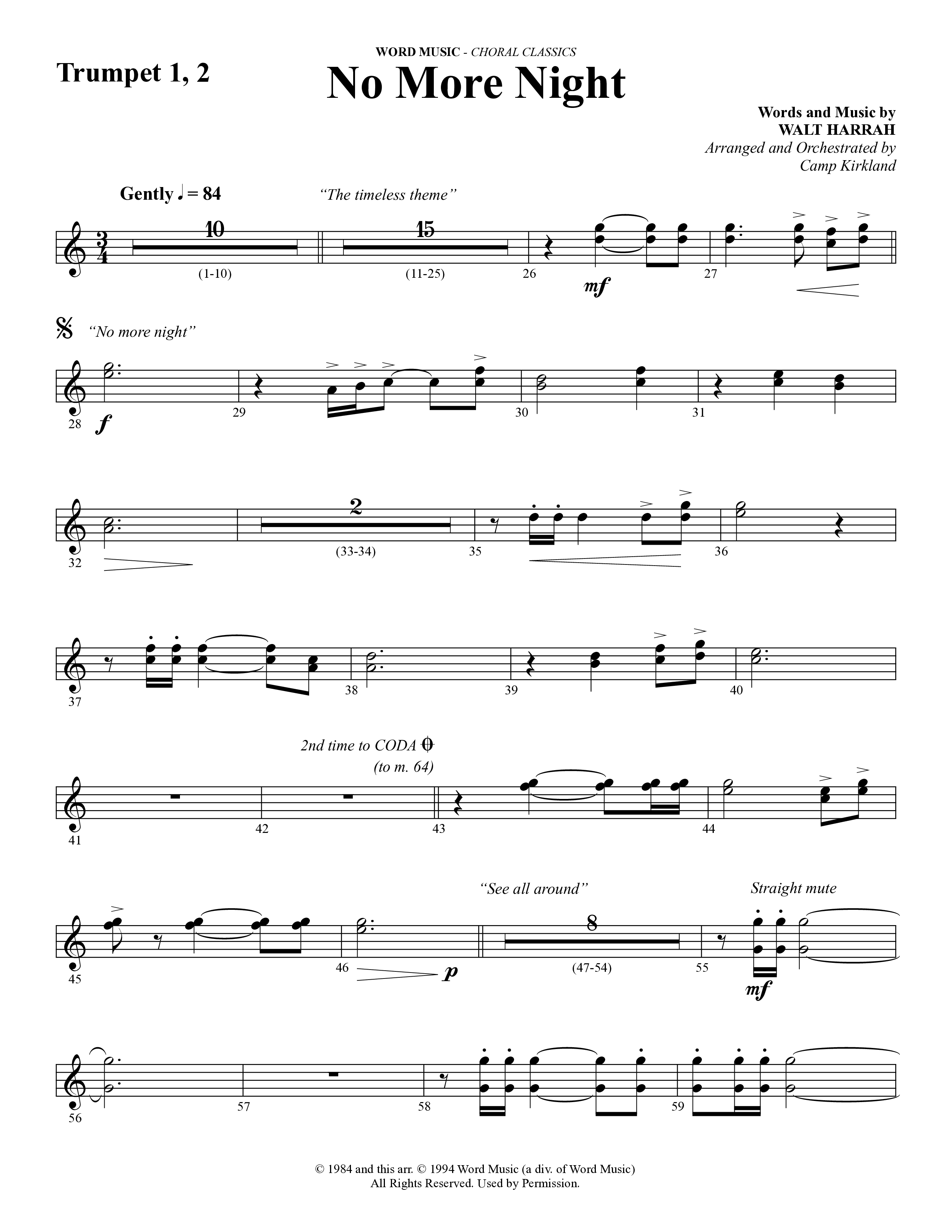 No More Night (Choral Anthem SATB) Trumpet 1,2 (Word Music Choral / Arr. Camp Kirkland)