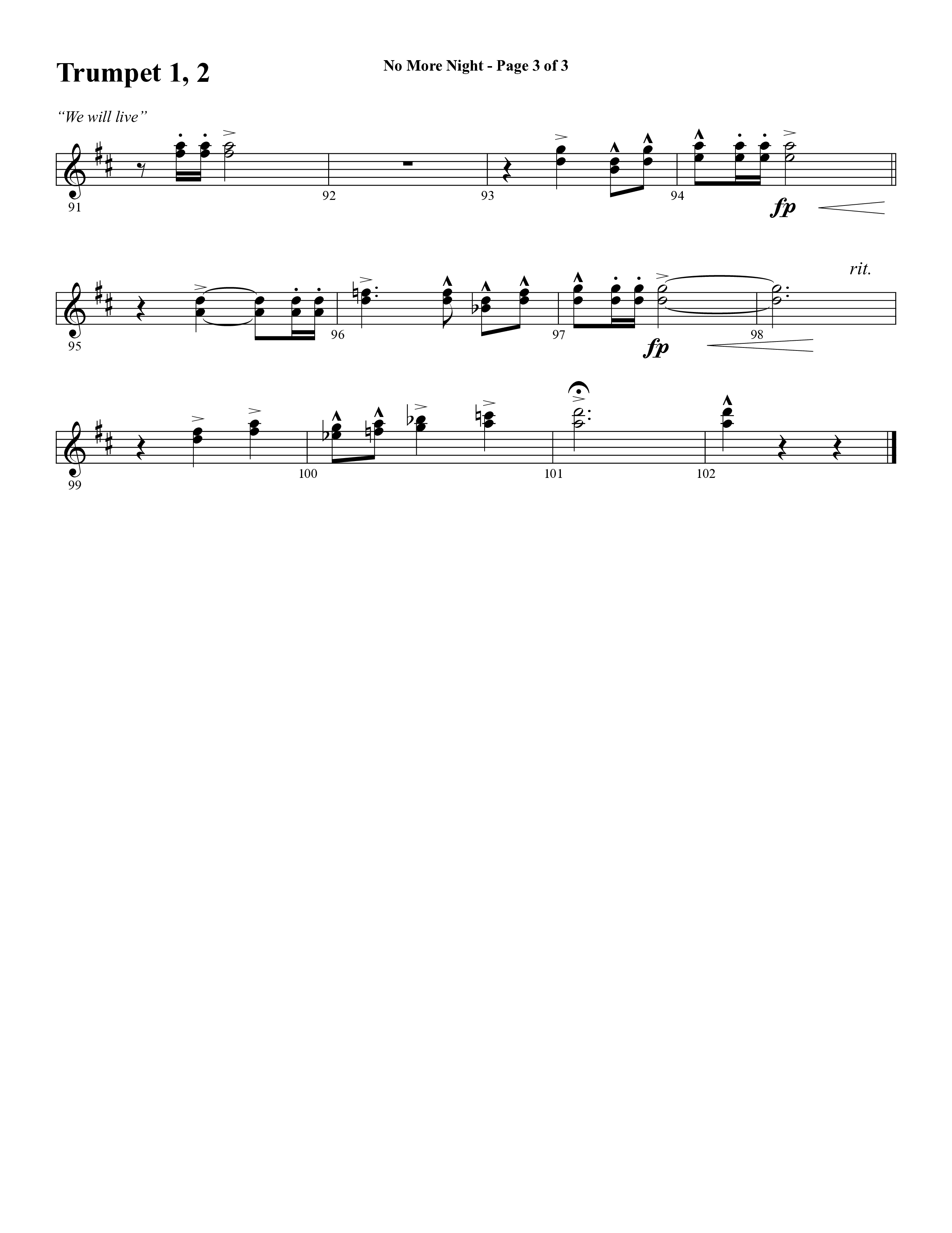 No More Night (Choral Anthem SATB) Trumpet 1,2 (Word Music Choral / Arr. Camp Kirkland)
