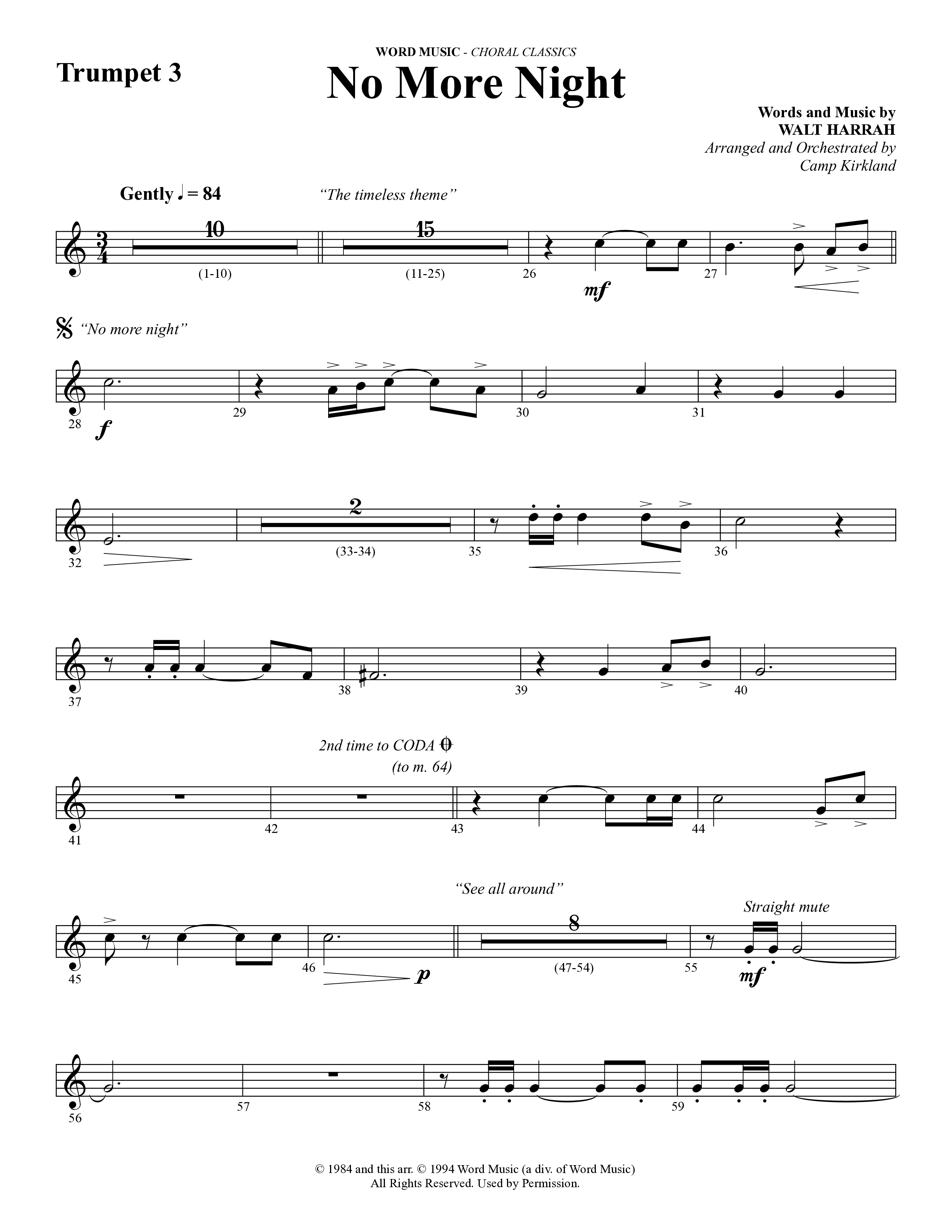 No More Night (Choral Anthem SATB) Trumpet 3 (Word Music Choral / Arr. Camp Kirkland)