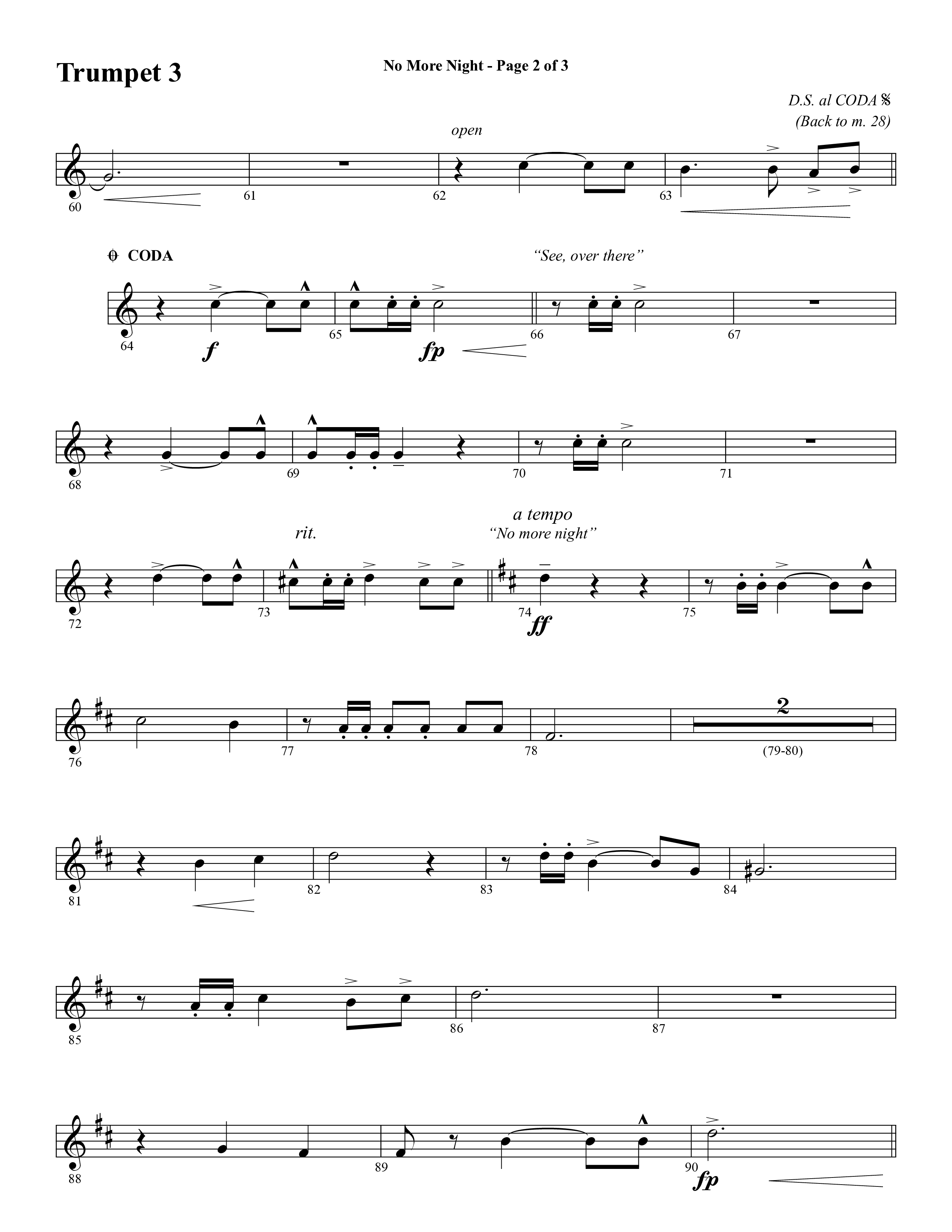 No More Night (Choral Anthem SATB) Trumpet 3 (Word Music Choral / Arr. Camp Kirkland)