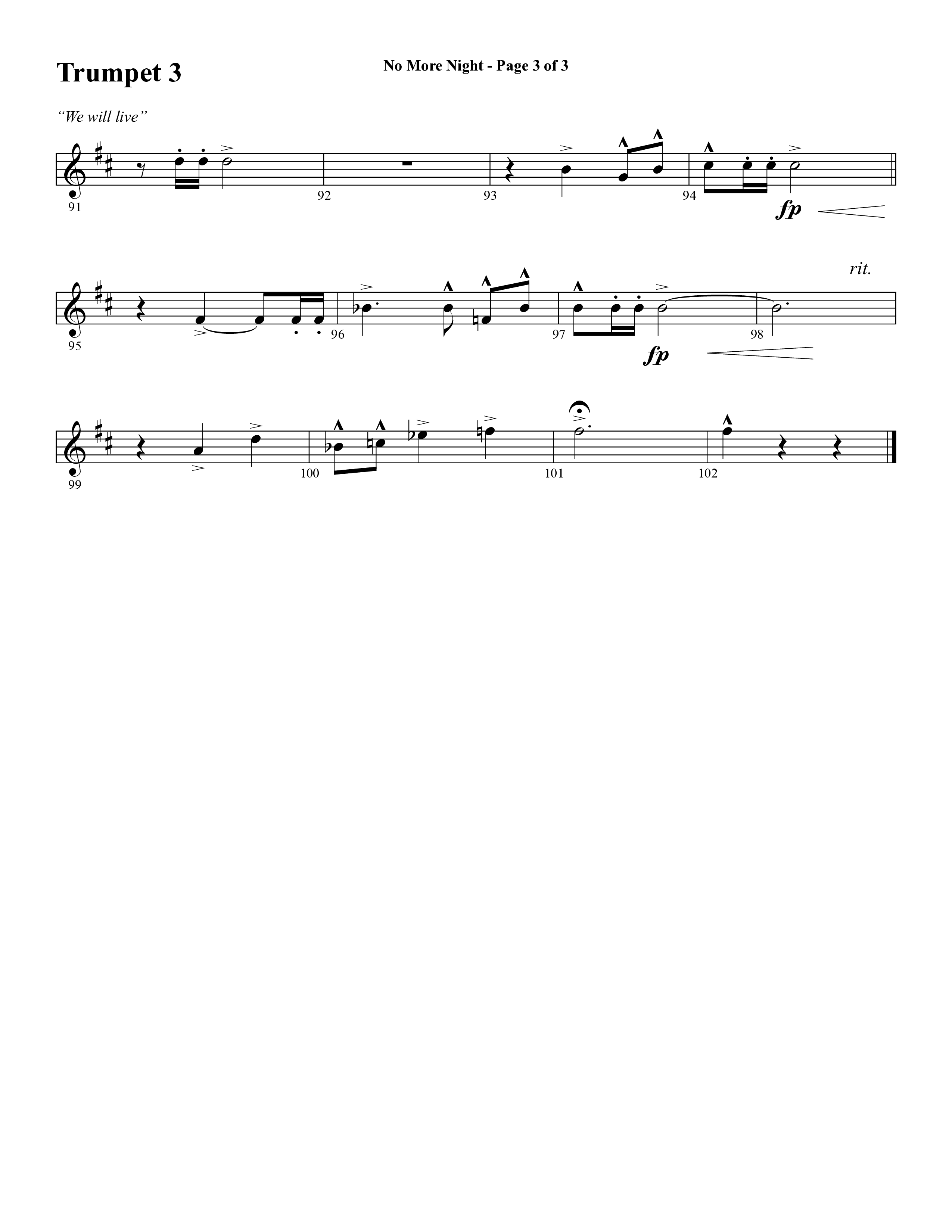 No More Night (Choral Anthem SATB) Trumpet 3 (Word Music Choral / Arr. Camp Kirkland)