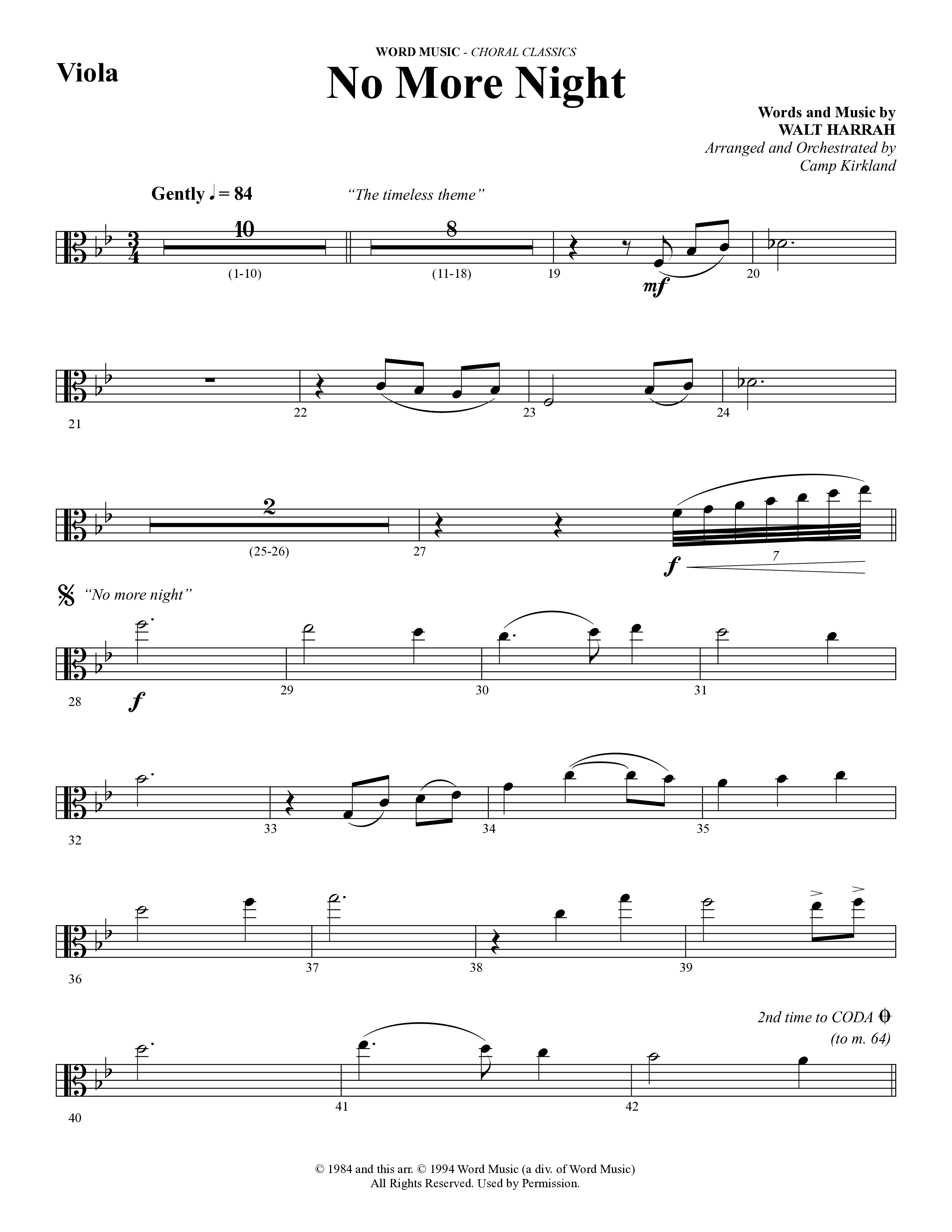 No More Night (Choral Anthem SATB) Viola (Word Music Choral / Arr. Camp Kirkland)
